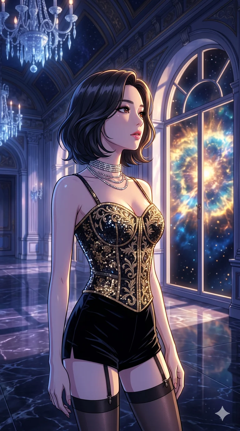 score_9, masterpiece, best quality, ultra-detailed, high-budget anime movie keyframe, cinematic anime lighting, intricate line art, Korean woman. Upper body filling screen focusing on her alluring features and slim-fit silhouette. observing a supernova in a frozen starlight ballroom during a golden sunset. She has an absolutely perfect 8-heads proportion, an exceptionally tall and slender female figure with an ultra-slim waist and impossibly long slender legs. sharp v-shaped jawline, high-bridge nose, intricate jewel-like eyes, thick eyelashes, glossy lips. Wearing luxurious K-pop idol stage outfit featuring a sparkling sequined corset, high-cut velvet shorts, and sheer silk stockings with garter belts, accessorized with crystal chokers. The scene is illuminated by dramatic atmospheric lighting and vibrant color palettes. , 2k, ultra detail, master piece, 9:16 ratio