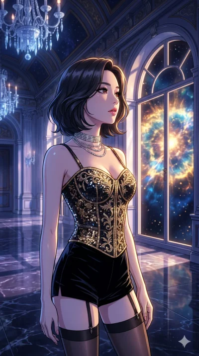 score_9, masterpiece, best quality, ultra-detailed, high-budget anime movie keyframe, cinematic anime lighting, intricate line art, Korean woman. Upper body filling screen focusing on her alluring features and slim-fit silhouette. observing a superno