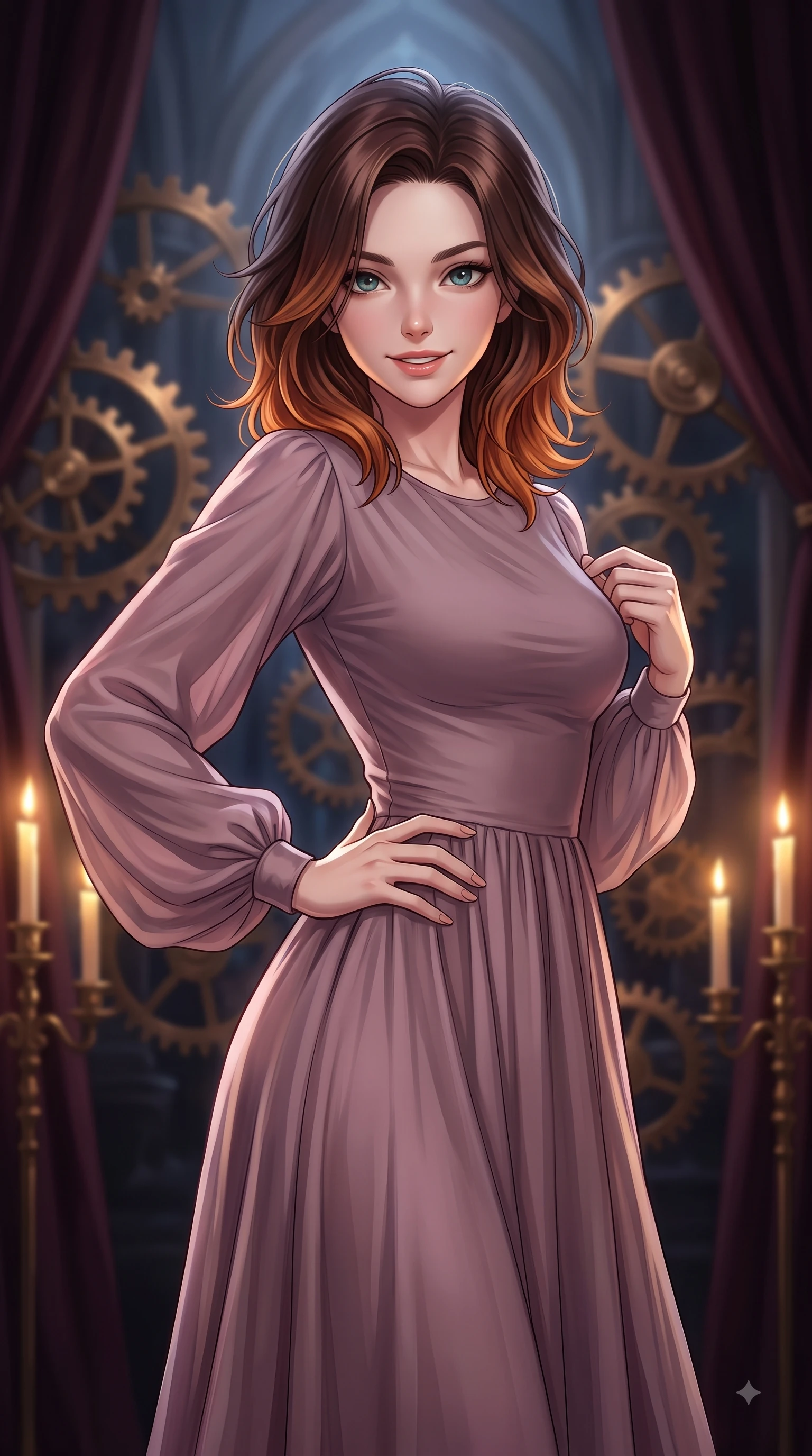 score_9, masterpiece, best quality, ultra-detailed, high-budget anime keyframe, editorial fashion photography, tasteful artistic composition, Korean woman woman. close-up cowboy shot from the waist and thighs up, the character dominates the composition, filling the frame with her large presence, background elements kept in soft focus. She has an exceptionally elegant, slender, and willowy female figure with an ultra-slim waist, a gracefully sculpted slender torso, and a refined silhouette. smiling with quiet, magnetic self-assurance directly into the camera lens, flawlessly proportioned anatomical accuracy, natural body alignment, perfectly sculpted elegant limbs, clean dynamic posture without body distortion. set against a soft-focus background of a high space cathedral nave with rotating bronze gears and velvet drapes. wearing a serene dusty mauve chiffon maxi dress with long bishop sleeves. bathed in dramatic chiaroscuro key light with flickering golden candlelight. highly saturated vibrant anime colors, detailed shading with soft gradients, rich glossy textures, high-contrast stereoscopic depth, volumetric dynamic lighting, master piece, 9:16 ratio