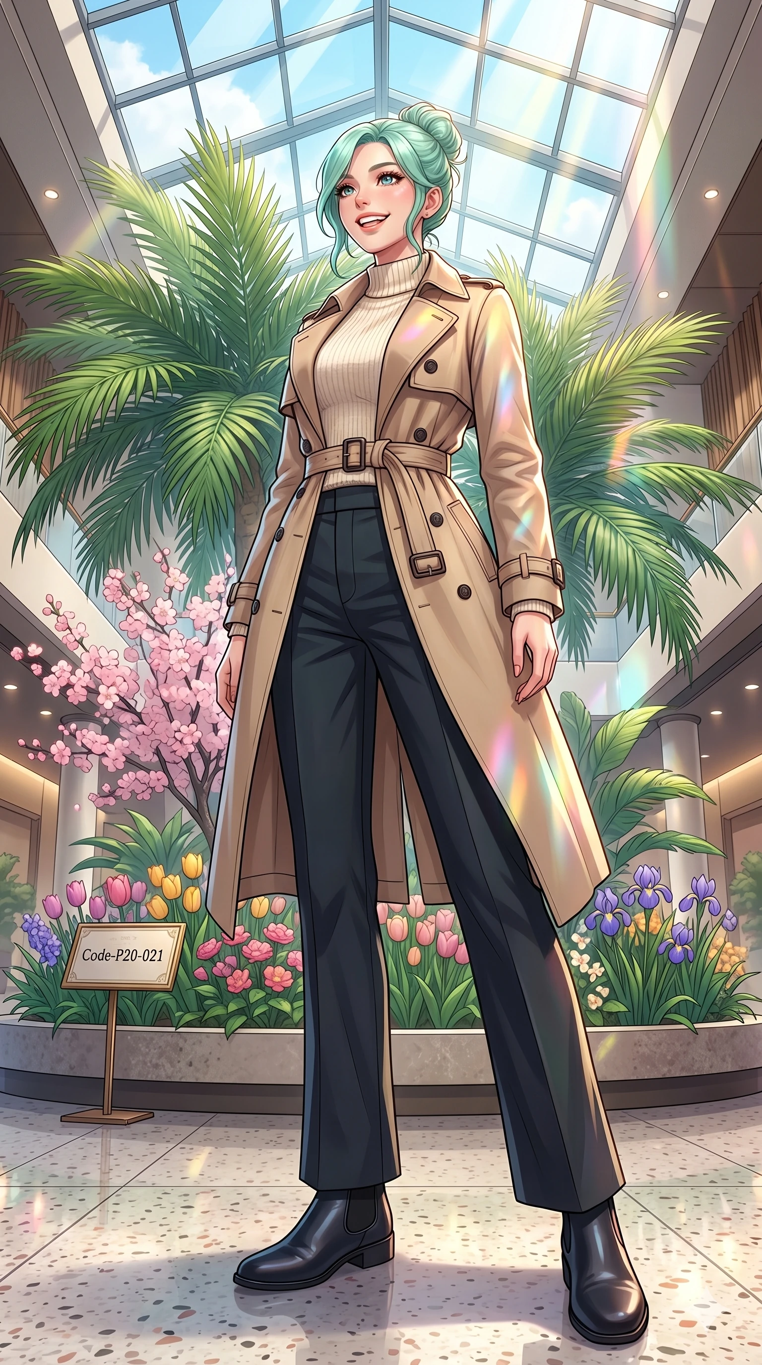 score_9, masterpiece, best quality, ultra-detailed, high-budget anime keyframe, vibrant anime aesthetic, Japanese woman. low angle full-body shot from head to toe showing her feet, filling the entire 9:16 vertical frame with her statuesque presence, stretching her vertical silhouette. She is standing proud and tall, her face lit by a warm, lively smile of confidence by a modern resort lobby with a large indoor palm garden and bright skylight (Code-P20-021). She has an absolutely perfect 8-heads proportion, an exceptionally tall and slender female figure with impossibly long slender legs and an ultra-slim waist. V-shaped jawline, high-bridge nose, intricate jewel-like eyes with depth, thick eyelashes, glossy lips with a natural sheen. wearing a classic beige trench coat over a high-neck knit and trousers. She is lit by bright sunbeams reflecting off spring flowers, casting colorful highlights. 2k, ultra detail, master piece, 9:16 ratio