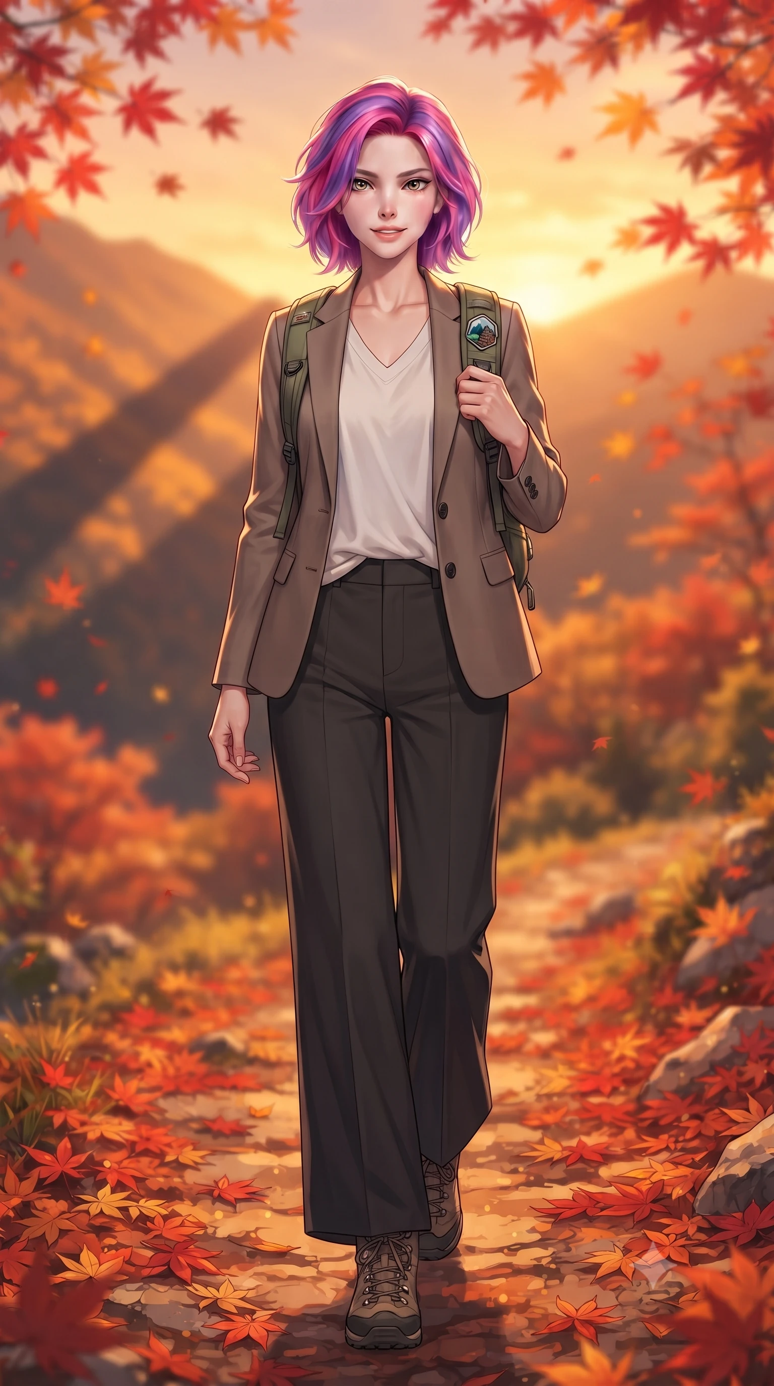 score_9, masterpiece, best quality, ultra-detailed, high-budget anime keyframe, editorial fashion photography, tasteful artistic composition, Caucasian woman. low angle full-body shot from head to toe showing her feet, filling the entire 9:16 vertical frame with her statuesque presence, stretching her vertical silhouette. stepping forward with an alluring, magnetic smile, her graceful posture highlighting her statuesque silhouette set against a soft-focus background of walking through an autumn mountain path covered in red maple leaves carrying a small sporty backpack with a cute hiking badge. She has an absolutely perfect, statuesque 8.5-heads proportion, an exceptionally tall and slender model-like female figure with impossibly long slender legs and an ultra-slim waist. sharp v-shaped jawline, high-bridge nose, intricate jewel-like eyes with depth, thick eyelashes, glossy lips with a natural sheen. wearing body-hugging tailored casual blazer in taupe, paired with a loose tee and wide-leg trousers. golden hour sunset light casting long shadows of mountain peaks across the slope. highly saturated vibrant anime colors, detailed shading with soft gradients, rich glossy textures, high-contrast stereoscopic depth, volumetric dynamic lighting, master piece, 9:16 ratio