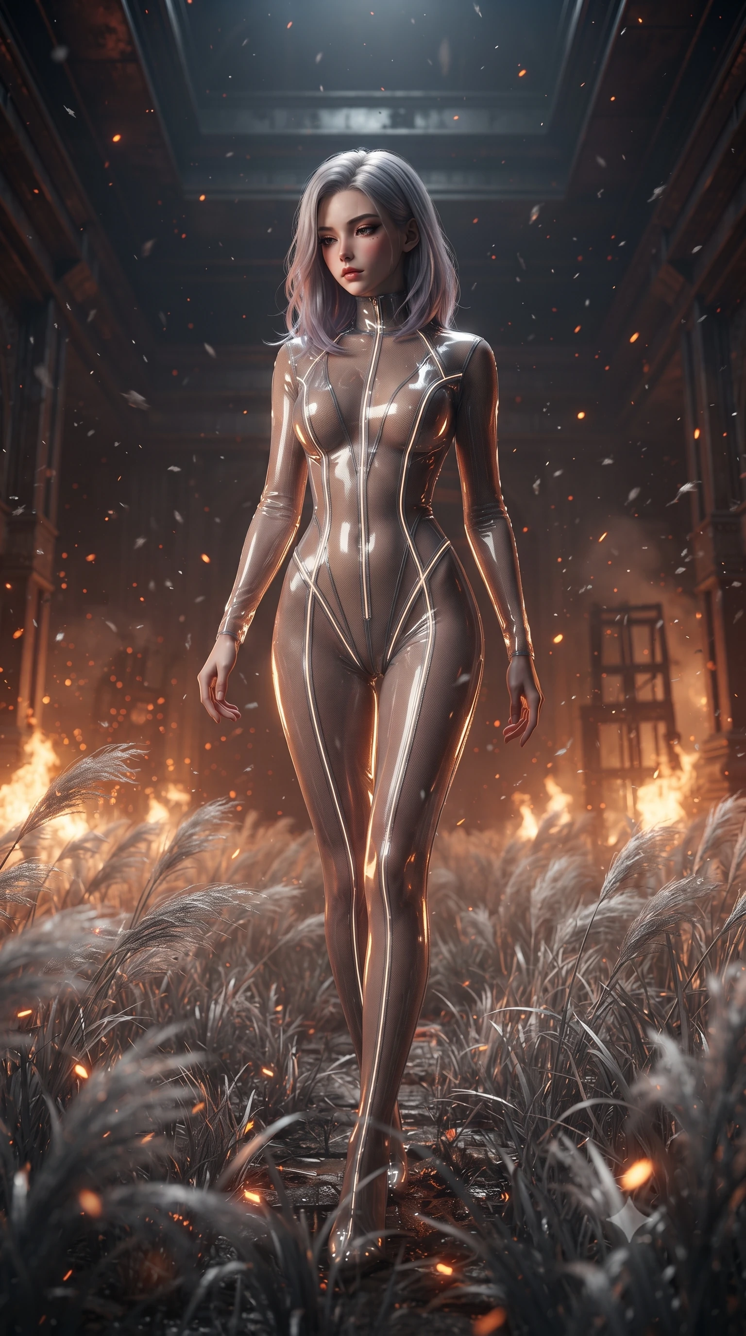 score_9, masterpiece, best quality, ultra-detailed, High-budget Anime Keyframe, editorial fashion photography, tasteful artistic composition, realistic cosplay photography, Caucasian woman, strictly human ears. Low angle cowboy shot filling the entire 9:16 frame with her statuesque presence. Scenario 395: walking through a field of tall silver grass at a quiet chamber filled with glowing embers and floating ash particles. Her presence is magnetic and overpowering in this high-budget cinematic scene. Outfit 395: a tailored translucent PVC micro-mesh with a sheer panels and glowing LED seams. The clothing is designed to emphasize her exceptionally tall and slender 8-heads proportion. 8-heads proportion, towering silhouette, ultra-slim waist. sharp v-shaped jawline, intricate jewel-like eyes with depth, thick eyelashes, glossy lips. ultra-reflective glossy finish, specular highlights, metallic sheen, high-contrast stereoscopic depth, volumetric dynamic lighting, 2k, ultra detail, master piece, 9:16 ratio