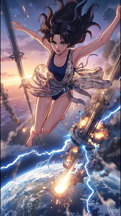 Cinematic 2D anime animation. A youn woman with lon flowin dark hair, wearin a navy blue swimsuit and a floral saron, floats racefully in the hih atmosphere. Below her, a massive space elevator structure is violently explodin with orane fire and blue