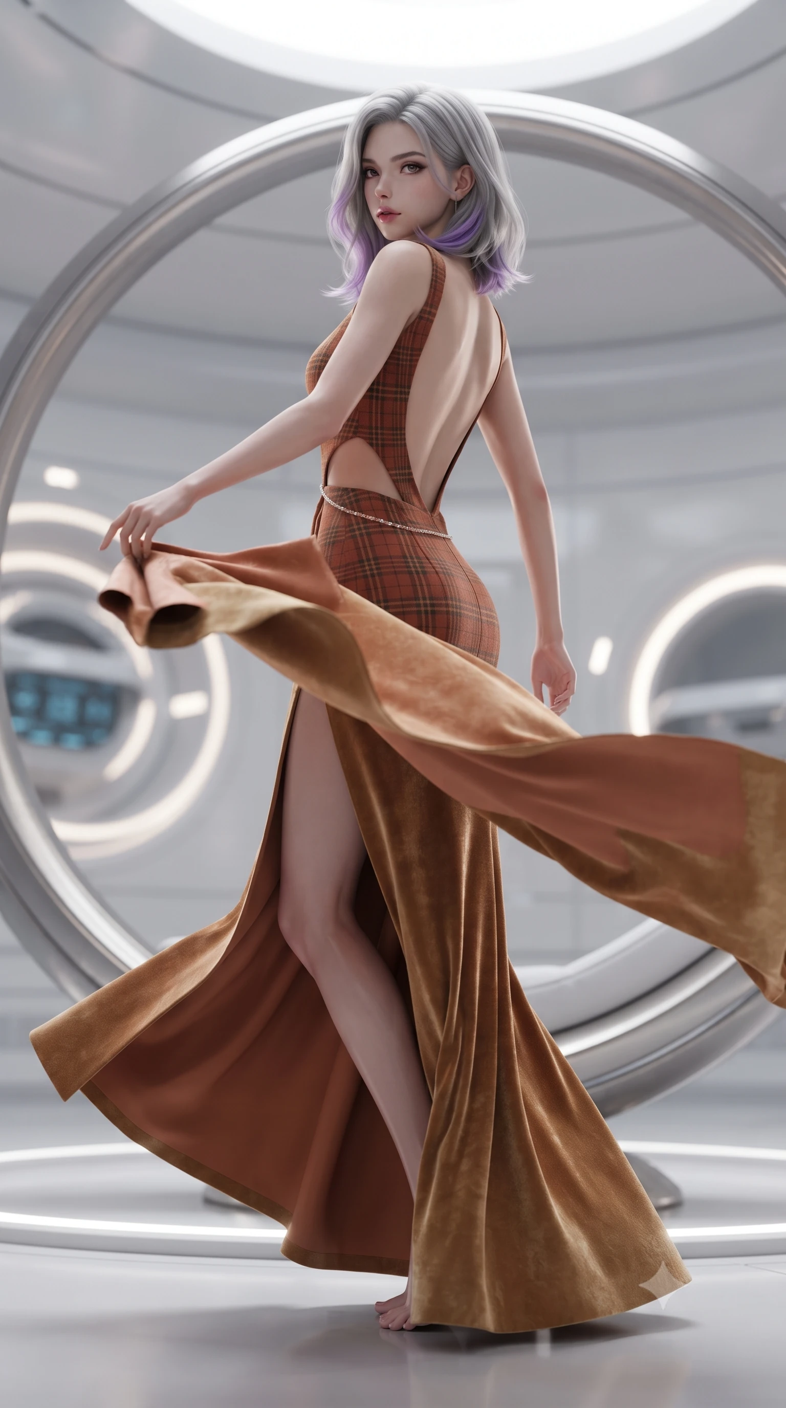 score_9, masterpiece, best quality, ultra-detailed, high-budget anime keyframe, editorial fashion photography, tasteful artistic composition, Caucasian woman. low angle full-body shot from head to toe showing her feet, filling the entire 9:16 vertical frame with her statuesque presence, stretching her vertical silhouette. executing an elegant mid-motion pivot turn as garments swirl around her slender limbs, glancing over her shoulder with an intoxicating bedroom-gaze while floating weightlessly beside an architectural titanium lounge ring, arching her spine in a fluid, dancer-like line as orbital sunrise floods her silhouette. The composition keeps background elements in soft focus with creamy bokeh. sleek white space station bulkheads and glowing telemetry rings softened in futuristic shallow focus. She has an exceptionally tall and slender model-like 8.5-heads proportion, an ultra-slim waist, a flat toned midriff, narrow delicate ribcage, and beautifully sculpted feminine hips creating a graceful, slim hourglass silhouette without any bulky heaviness, with impossibly long slender legs. sharp v-shaped jawline, high-bridge nose, intricate jewel-like eyes with depth, thick eyelashes, glossy parted lips with a natural sheen, intensely captivating and seductive bedroom-eyes expression, flawlessly proportioned anatomical accuracy, strict slender model proportions, natural body alignment, perfectly sculpted long slender limbs, ultra-slim waistline, clean dynamic posture without body distortion. wearing a tailored tartan-wool and crushed-velvet corseted gala gown with an architectural open-waist cutout and high-cut thigh slit in desert terracotta copper and sun-baked sand gold, tailored from water-resistant treated wool gabardine and flexible stretch silk, accented with a dainty diamond waist chain catching the ambient light reflections, the dramatically scooped open back descending to the base of her spine, accentuating her razor-sharp statuesque lines and slim hourglass silhouette. illuminated by sleek metallic specular reflections sharply defining her bare collarbones, ultra-slim waist, and curvy hips. ultra-reflective glossy finish, specular highlights, rich textural contrasts, high-contrast stereoscopic depth, volumetric dynamic lighting, 2k, ultra detail, master piece, 9:16 ratio