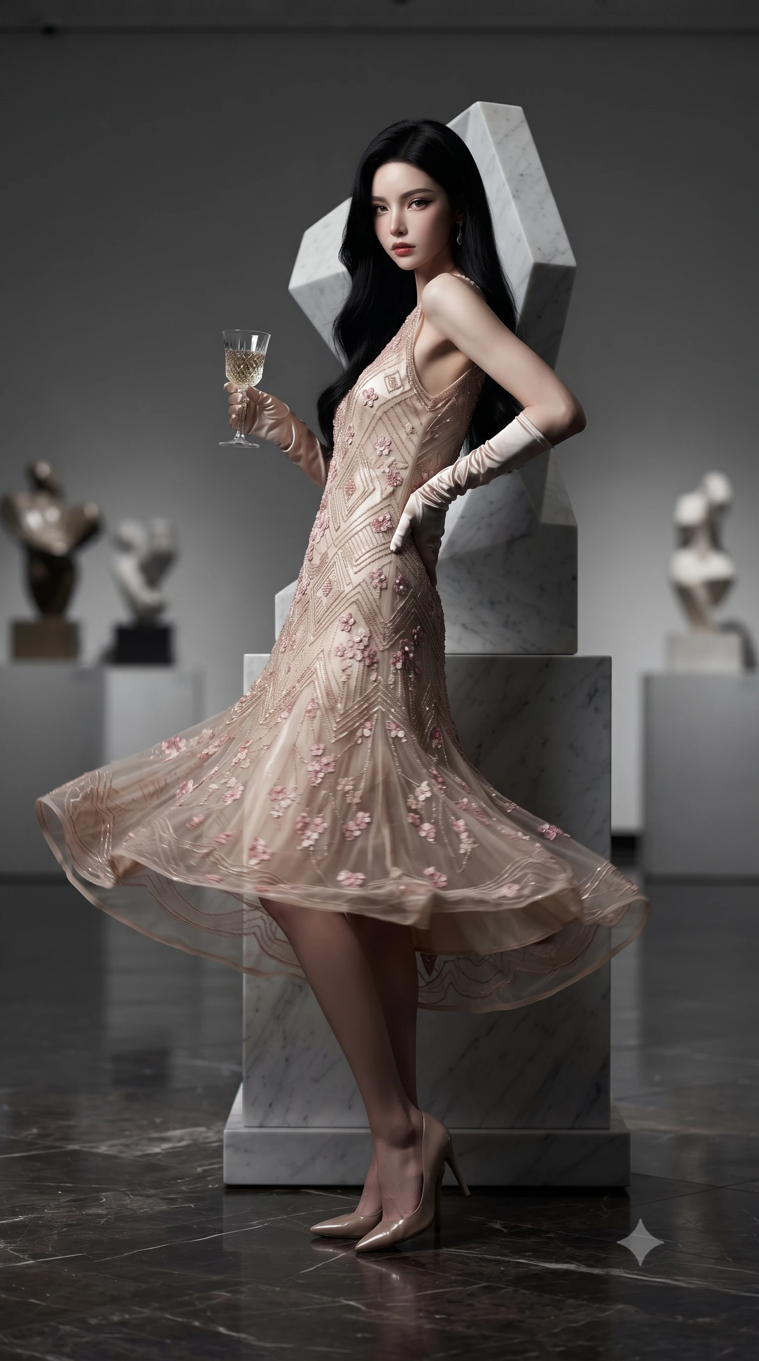 score_9, masterpiece, best quality, ultra-detailed, high-budget anime keyframe, editorial fashion photography, tasteful artistic composition, Korean woman. low angle full-body shot from head to toe showing her feet, filling the entire 9:16 vertical frame with her statuesque presence, stretching her vertical silhouette. executing an elegant mid-motion pivot turn as garments swirl around her slender limbs, glancing over her shoulder with an intoxicating bedroom-gaze while leaning back against the pedestal of a minimalist marble sculpture with hips cocked, casting a cool, intellectual, and smoldering gaze at the camera. The surrounding environment is rendered in vivid detail and crisp panoramic clarity. high-contrast minimalist museum chiaroscuro and avant-garde contemporary high-fashion aesthetics in precision. She has an exceptionally tall and slender model-like 8.5-heads proportion, an ultra-slim waist, a flat toned midriff, narrow delicate ribcage, and beautifully sculpted feminine hips creating a graceful, slim hourglass silhouette without any bulky heaviness, with impossibly long slender legs. sharp v-shaped jawline, high-bridge nose, intricate jewel-like eyes with depth, thick eyelashes, glossy parted lips with a natural sheen, intensely captivating and seductive bedroom-eyes expression, flawlessly proportioned anatomical accuracy, strict slender model proportions, natural body alignment, perfectly sculpted long slender limbs, ultra-slim waistline, clean dynamic posture without body distortion. wearing a sheer vintage mesh flapper dress adorned with intricate geometric beadwork over an opaque silk slip in sakura blossom pink and warm ivory, crafted from heavyweight crushed silk velvet with liquid vintage luster, accessorized with opera-length satin gloves and a vintage crystal glass, the form-contouring material adhering flawlessly to her sculpted flat midriff and slender torso, emphasizing her long leg lines and perfectly proportioned willowy build. illuminated by sharp linear edge highlights defining her sculpted collarbones, ultra-slim waist, and curvy hips. ultra-reflective glossy finish, specular highlights, rich textural contrasts, high-contrast stereoscopic depth, volumetric dynamic lighting, 2k, ultra detail, master piece, 9:16 ratio