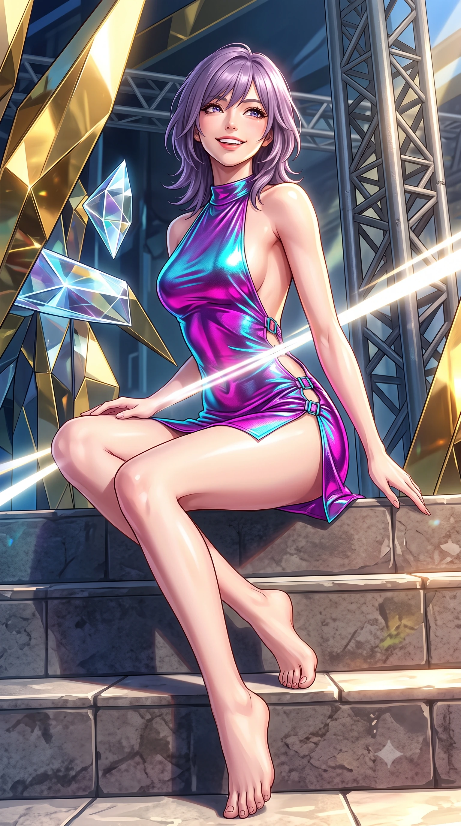 score_9, masterpiece, best quality, ultra-detailed, high-budget anime keyframe, semi-realistic 3D game render, editorial fashion photography, tasteful artistic composition, Japanese woman. low angle full-body shot from head to toe showing her feet, filling the entire 9:16 vertical frame with her statuesque presence, stretching her vertical silhouette. sitting poised on the stone steps with one knee bent, arching her spine with supermodel elegance as she glances upward through thick eyelashes while twisting her slender torso in an alluring S-curve, blinding white solar collector beams painting dynamic light ribbons across her flat midriff and hips. The surrounding environment is rendered in vivid detail and crisp panoramic clarity: sharp gold-leaf mirror facets, crystalline optical laser lenses, and heavy structural titanium trusswork in deep focus. She has an exceptionally tall and slender model-like 8.5-heads proportion, an ultra-slim waist, a flat toned midriff, narrow delicate ribcage, and beautifully sculpted feminine hips creating a graceful, slim hourglass silhouette without any bulky heaviness, with impossibly long slender legs. sharp v-shaped jawline, high-bridge nose, intricate jewel-like sparkling eyes with depth, thick eyelashes, glossy parted lips with a natural peach sheen, bright cheerful beaming smile with an enchanting and coquettish sensual glint, exuding both youthful cute charm and seductive allure, flawlessly proportioned anatomical accuracy, strict slender model proportions, natural body alignment, perfectly sculpted long slender limbs, ultra-slim waistline, clean dynamic posture without body distortion. wearing an alluring backless metallic lamé combat halter mini dress with deep open back down to her lower spine and thigh-high slit in Shinjuku acid-rain magenta and cyan neon, crafted from bespoke double-faced cashmere with an exceptionally soft tactile finish, finished with sleek magnetic buckle closures fluttering in the breeze, the second-skin tailored fabric adhering flawlessly to her sculpted flat midriff and slender torso, emphasizing her long leg lines and perfectly proportioned willowy build. illuminated by gold mirror reflection bounce and sharp solar-gold rim lights sculpting her jawline, narrow waist, and curvy hips. highly saturated vibrant anime colors, detailed shading with soft gradients, rich glossy textures, high-contrast stereoscopic depth, volumetric dynamic lighting, master piece, 9:16 ratio