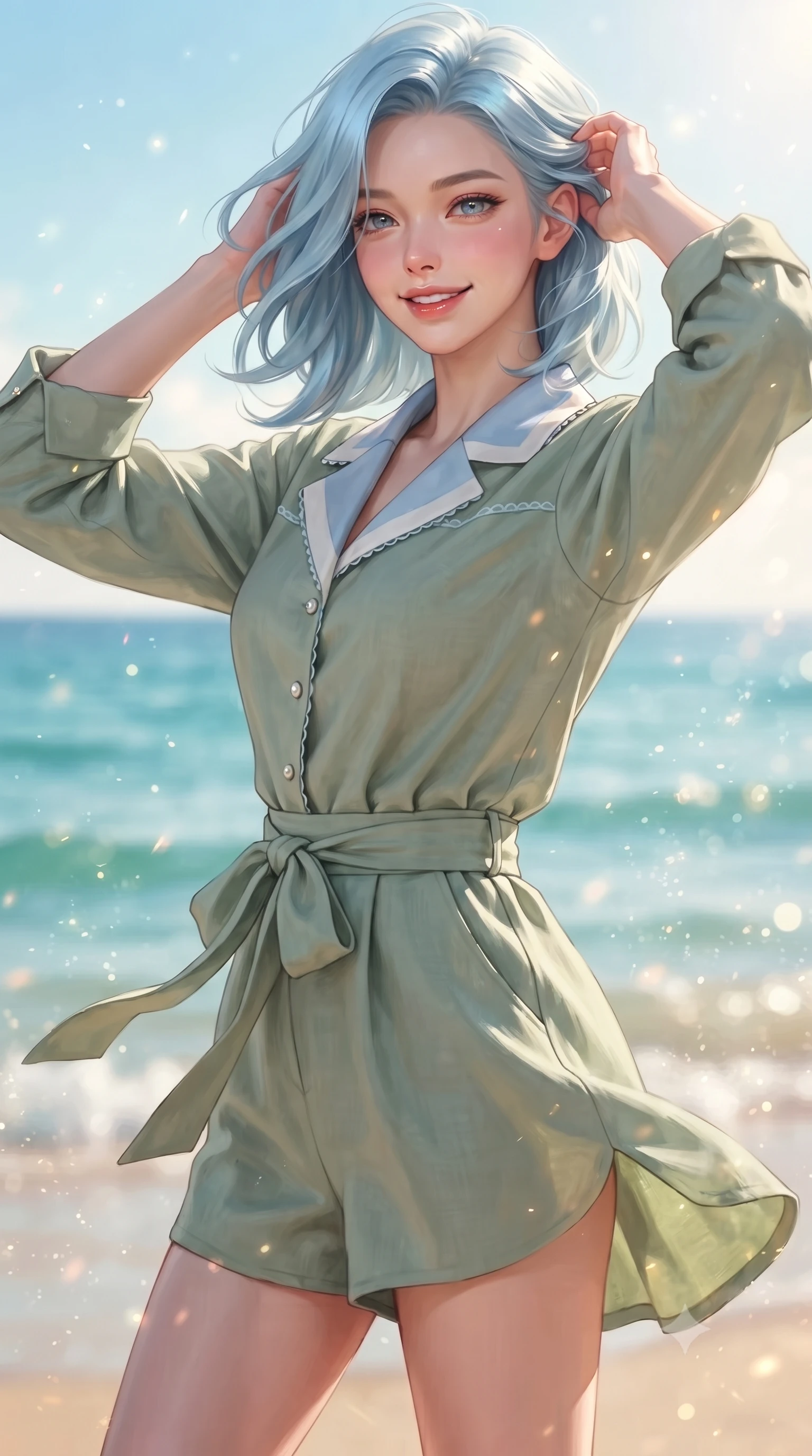 score_9, masterpiece, best quality, ultra-detailed, high-budget anime keyframe, editorial fashion photography, tasteful artistic composition, Korean woman. close-up cowboy shot from the waist and thighs up, the character dominates the composition, filling the frame with her large presence. smiling warmly with slightly parted glossy lips and a lovely expression, her upper body turning dynamically toward the camera while turning playfully as salty sea breezes flutter her dress hem and hair, exuding pure refreshing youthfulness. The composition keeps background elements in soft focus with creamy bokeh. warm beach sunlight refracting off ocean spray mist scattering shimmering light motes. She has an exceptionally elegant, slender, and willowy female figure with an ultra-slim waist, a gracefully sculpted slender torso, toned flat midriff, and a refined slim silhouette. sharp v-shaped jawline, high-bridge nose, intricate jewel-like eyes with depth, thick eyelashes, glossy lips with a natural sheen, pure and lovely fresh girlhood expression, flawlessly proportioned anatomical accuracy, strict slender model proportions, natural body alignment, perfectly sculpted long slender limbs, ultra-slim waistline, clean dynamic posture without body distortion. wearing a relaxed sage green linen jumpsuit with a tied waist sash and folded collar in gentle baby blue and cloud white, crafted from smooth fluid silk satin with a natural gentle sheen, finished with delicate scallop trims and tiny pearl buttons, the chic real-way fashion cut emphasizing her effortless charm, flat midriff, and slender model proportions. bathed in brilliant coastal summer sunshine and turquoise ocean water ambient bounce. ultra-reflective glossy finish, specular highlights, rich natural textures, high-contrast stereoscopic depth, volumetric dynamic lighting, 2k, ultra detail, master piece, 9:16 ratio