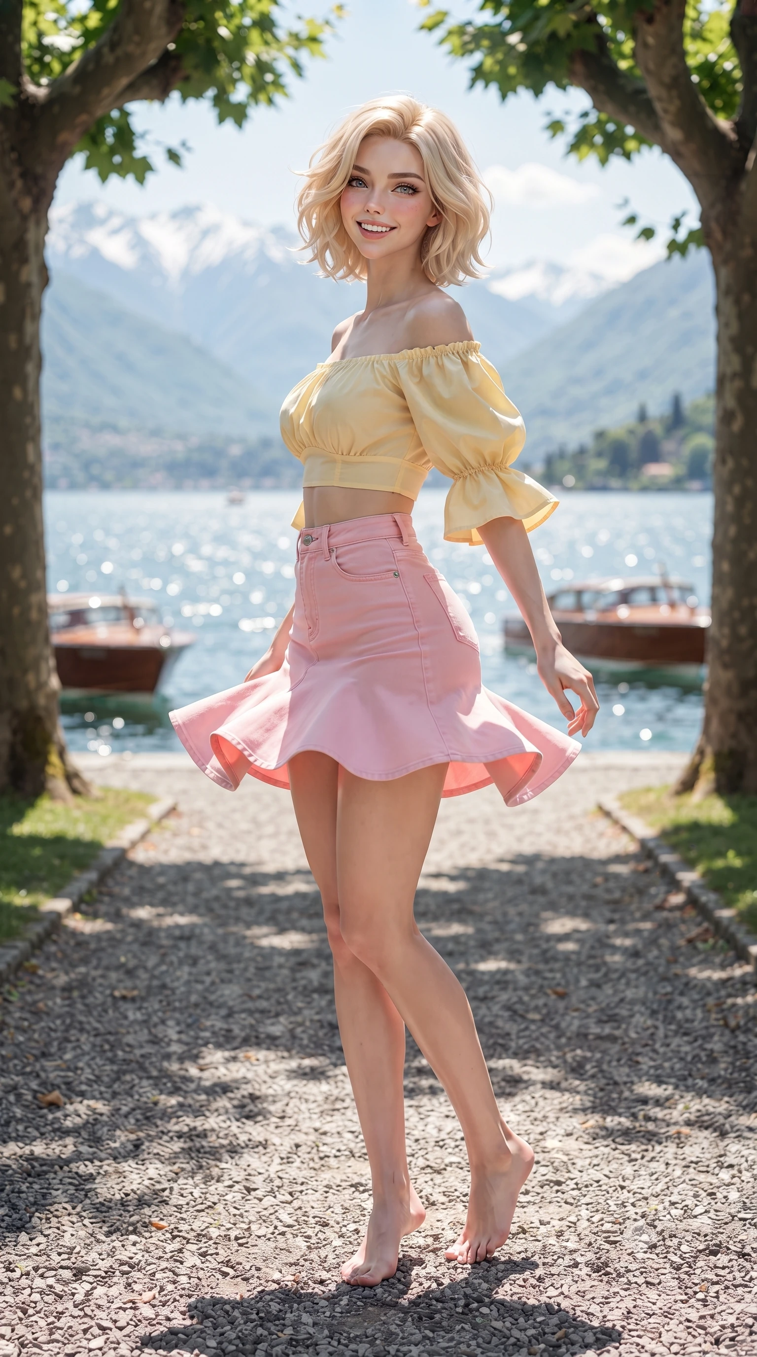 score_9, masterpiece, best quality, ultra-detailed, high-budget anime keyframe, editorial fashion photography, tasteful artistic composition, Caucasian woman. low angle full-body shot from head to toe showing her feet, filling the entire 9:16 vertical frame with her statuesque presence, stretching her vertical silhouette. executing a cheerful mid-motion pivot turn as her skirt flutters around her slender legs, glancing over her shoulder with an intoxicating, teasing cute expression while walking gracefully along the gravel path under shaded plane trees, her form-contouring silk dress hugging her narrow waist and hips. The composition keeps background elements in soft focus with dreamy creamy bokeh. distant snow-capped Alps and vintage wooden motorboats softened in ultra-luxury Italian shallow focus. She has an exceptionally tall and slender model-like 8.5-heads proportion, an ultra-slim waist, a flat toned midriff, narrow delicate ribcage, and beautifully sculpted feminine hips creating a graceful, slim hourglass silhouette without any bulky heaviness, with impossibly long slender legs. sharp v-shaped jawline, high-bridge nose, intricate jewel-like sparkling eyes with depth, thick eyelashes, glossy parted lips with a natural peach sheen, bright cheerful beaming smile with an enchanting and coquettish sensual glint, exuding both youthful cute charm and seductive allure, flawlessly proportioned anatomical accuracy, strict slender model proportions, natural body alignment, perfectly sculpted long slender limbs, ultra-slim waistline, clean dynamic posture without body distortion. wearing an off-shoulder puff-sleeve crop blouse with a tight high-waisted denim A-line mini skirt emphasizing her curvy hips in sweet strawberry milk pink and butter yellow, crafted from soft breathable linen with effortless natural drape, featuring elegant flutter sleeves and a graceful square neckline, the form-contouring cut accentuating her sculpted flat midriff, narrow delicate ribcage, and gracefully curvy hips with supermodel precision. illuminated by intense specular lake water reflections sharply defining her sculpted collarbones, ultra-slim waist, and curvy hips. ultra-reflective glossy finish, specular highlights, rich textural contrasts, high-contrast stereoscopic depth, volumetric dynamic lighting, 2k, ultra detail, master piece, 9:16 ratio