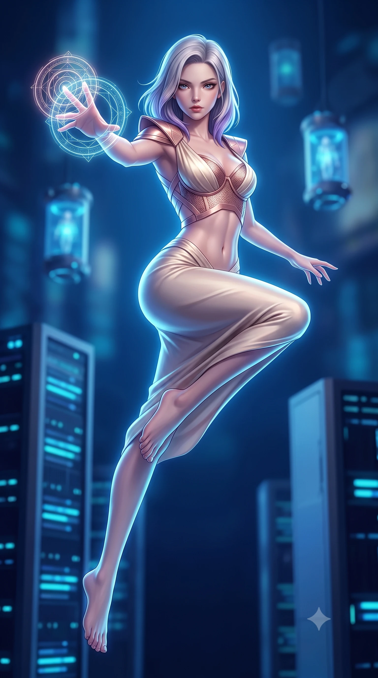score_9, masterpiece, best quality, ultra-detailed, high-budget anime keyframe, semi-realistic 3D game render, editorial fashion photography, tasteful artistic composition, Caucasian woman. low angle full-body shot from head to toe showing her feet, filling the entire 9:16 vertical frame with her statuesque presence, stretching her vertical silhouette. performing an alluring mid-air vault with flawless poise, looking directly into the camera with regal, divine intensity while extending one arm with sovereign authority as complex holographic geometric mandalas orbit her fingertips. The composition keeps background elements in soft focus with creamy bokeh. supercomputer processor towers and hovering cryo-nodes softened in dreamy atmospheric depth. She has an absolutely perfect, statuesque 8.5-heads proportion, an exceptionally tall and slender model-like female figure with impossibly long slender legs, a toned flat midriff, and an ultra-slim waist. sharp v-shaped jawline, high-bridge nose, intricate jewel-like eyes with depth, thick eyelashes, glossy lips with a natural sheen, flawlessly proportioned anatomical accuracy, strict slender model proportions, natural body alignment, perfectly sculpted long slender limbs, ultra-slim waistline, clean dynamic posture without body distortion. wearing a structured titanium-mesh bustier with geometric shoulder pauldrons and an ultra-slender liquid jersey drape in sculpted rose gold and luminescent champagne ivory, made of liquid jersey fabric that clings flawlessly to every contour of her build, complemented by criss-cross back straps highlighting her completely bare spine, the glove-like aerodynamic second-skin fit tightly clinging to her ultra-slender waist and athletic curves without adding bulk, accentuating her razor-sharp statuesque lines and slim hourglass silhouette. bathed in glowing electric sapphire and cyan data stream illumination with rich ambient blue fill. rich saturated anime colors with glowing neon highlights, detailed shading with soft gradients, rich glossy textures, high-contrast stereoscopic depth, volumetric dynamic lighting, master piece, 9:16 ratio