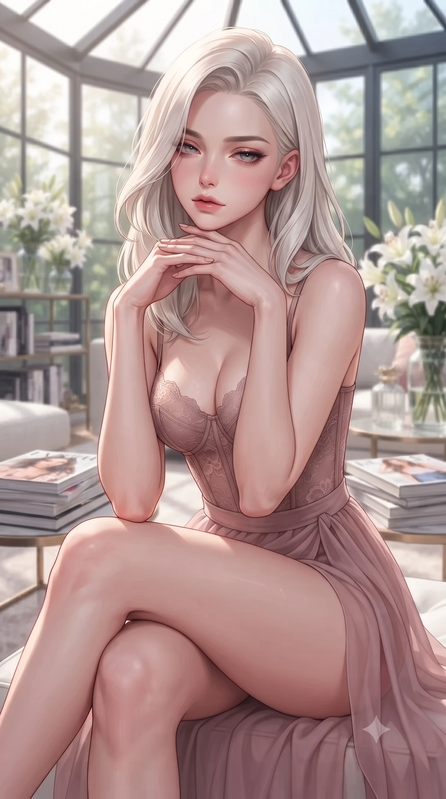 score_9, masterpiece, best quality, ultra-detailed, high-budget anime keyframe, editorial fashion photography, tasteful artistic composition, Caucasian woman. close-up cowboy shot from the waist and thighs up, the character dominates the composition, filling the frame with her large presence, background elements kept in soft focus. resting her chin on the backs of her fingers, casting a heavy-lidded, sultry look past the camera the background shows a soft-focus a modern glass-walled sunroom filled with luxury fashion magazines and white lilies. She has an exceptionally elegant, slender, and willowy female figure with an ultra-slim waist, a gracefully sculpted slender torso, and a refined silhouette. sharp v-shaped jawline, high-bridge nose, intricate jewel-like eyes with depth, thick eyelashes, glossy lips with a natural sheen. wearing a tailored delicate lace corset-style bustier top in dusty rose, paired with a sheer chiffon wrap skirt. bright morning sun rays creating fresh and energetic shadows. highly saturated vibrant anime colors, detailed shading with soft gradients, rich glossy textures, high-contrast stereoscopic depth, volumetric dynamic lighting, master piece, 9:16 ratio
