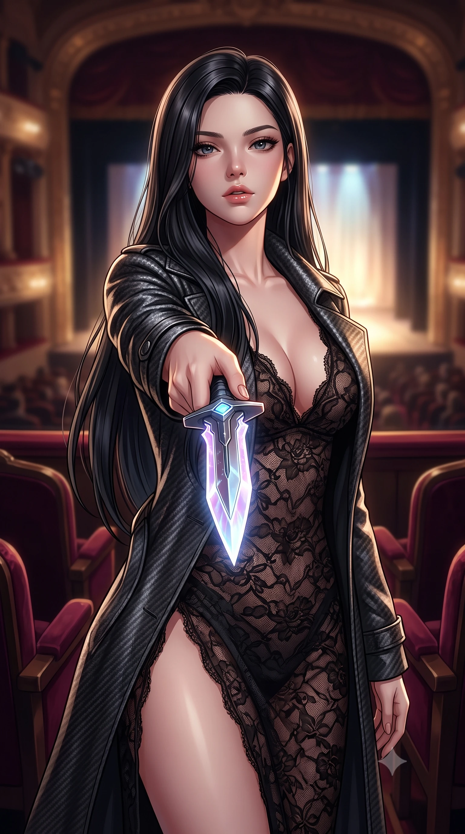 score_9, masterpiece, best quality, ultra-detailed, high-budget anime keyframe, editorial fashion photography, tasteful artistic composition, Korean woman. close-up cowboy shot from the waist and thighs up, the character dominates the composition, filling the frame with her large presence, background elements kept in soft focus. pointing a crystal-edged laser dagger forward in a defensive stance, tilting her chin up slightly with lips parted in a composed pose, the background shows a soft-focus an intimate opera box seating with plush velvet chairs facing a glowing stage. She has an exceptionally elegant, slender, and willowy female figure with an ultra-slim waist, a gracefully sculpted slender torso, and a refined silhouette. sharp v-shaped jawline, high-bridge nose, intricate jewel-like eyes with depth, thick eyelashes, glossy lips with a natural sheen. wearing a slim-fit semi-opaque dark lace dress with a plunging neckline and high-cut leg line, layered with a carbon trench coat. dramatic theater stage lights casting a bright key light and deep shadows on her. highly saturated vibrant anime colors, detailed shading with soft gradients, rich glossy textures, high-contrast stereoscopic depth, volumetric dynamic lighting, master piece, 9:16 ratio