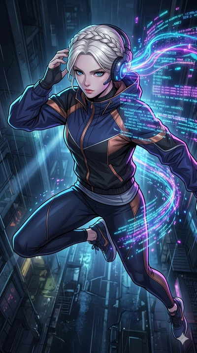 score_9, masterpiece, best quality, ultra-detailed, high-budget anime movie keyframe, cinematic anime lighting, intricate line art, Korean woman. Extreme high angle shot as she leaps towards the camera, filling the frame. adjusting a neural-link head