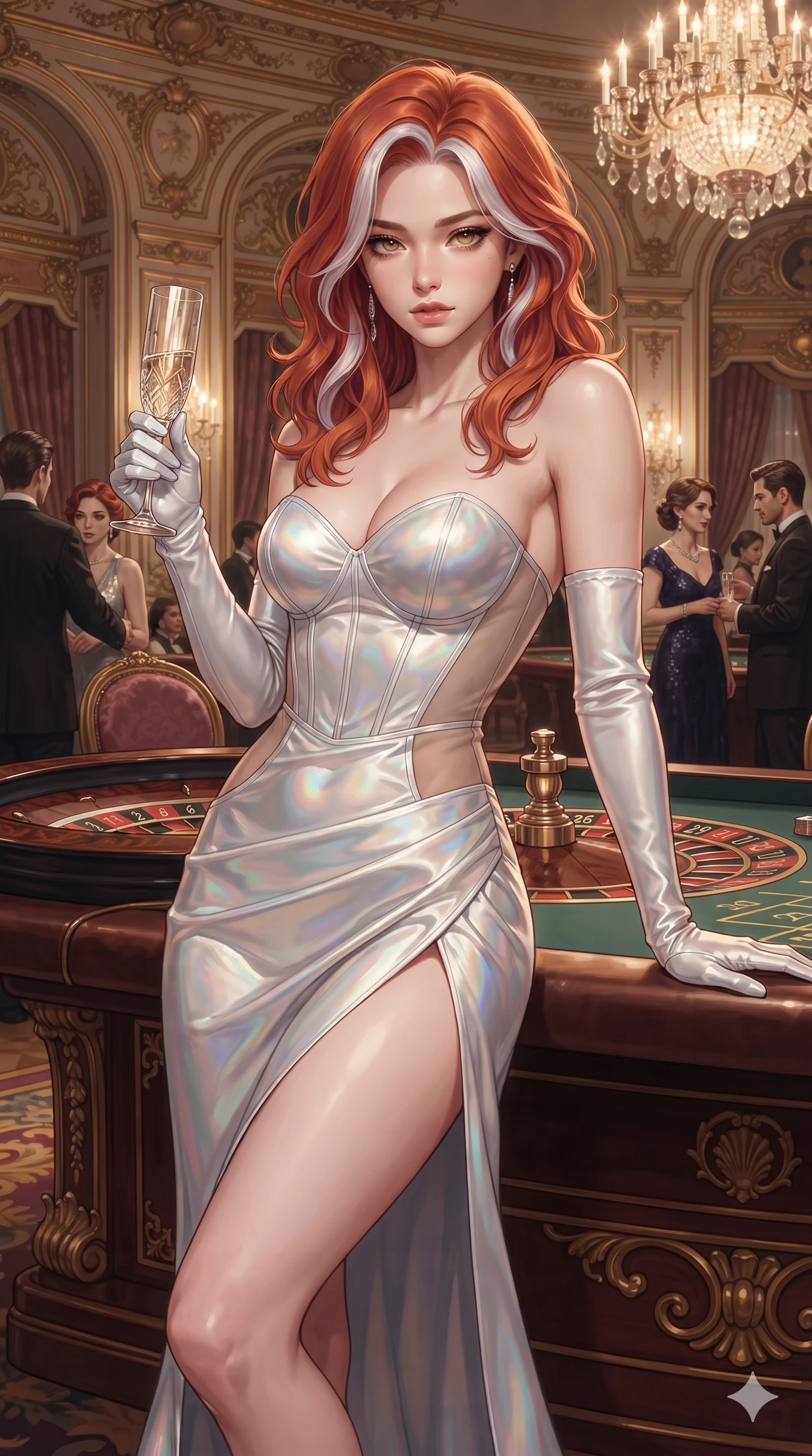 score_9, masterpiece, best quality, ultra-detailed, high-budget anime keyframe, editorial fashion photography, tasteful artistic composition, Caucasian woman. close-up cowboy shot from the waist and thighs up, the character dominates the composition, filling the frame with her large presence. leaning back with relaxed seductive grace, her sculpted collarbones and narrow waist highlighted as she casts smoldering bedroom-eyes directly into the camera while leaning against the mahogany roulette table with hips cocked back in pure supermodel charisma, toying with a vintage crystal champagne flute with bedroom-eyes. The surrounding environment is rendered in vivid detail and crisp panoramic clarity: detailed dress tailoring, liquid metallic shine, and opulent Belle Époque architecture in high resolution. She has an exceptionally elegant, slender, and willowy female figure with an ultra-slim waist, flat toned midriff, narrow ribcage, and sculpted feminine hips creating an alluring, slim hourglass silhouette without bulk. sharp v-shaped jawline, high-bridge nose, intricate jewel-like eyes with depth, thick eyelashes, glossy parted lips with a natural sheen, intensely captivating and seductive bedroom-eyes expression, flawlessly proportioned anatomical accuracy, strict slender model proportions, natural body alignment, perfectly sculpted long slender limbs, ultra-slim waistline, clean dynamic posture without body distortion. wearing a form-fitting corseted satin bustier evening gown with sheer side waist panels and dramatic leg slit in iridescent mother-of-pearl and liquid molten silver, accented with semi-sheer mesh inserts accentuating her sculpted flat midriff, accessorized with opera-length satin gloves and a vintage crystal glass, the high-slit wrap tailoring accentuating her ultra-slim waistline and the enchanting curve of her feminine hips with alluring seductive charm. bathed in soft 2400K chandelier warmth contrasted with crisp specular highlights dancing across her satin gown. ultra-reflective glossy finish, specular highlights, rich textural contrasts, high-contrast stereoscopic depth, volumetric dynamic lighting, 2k, ultra detail, master piece, 9:16 ratio