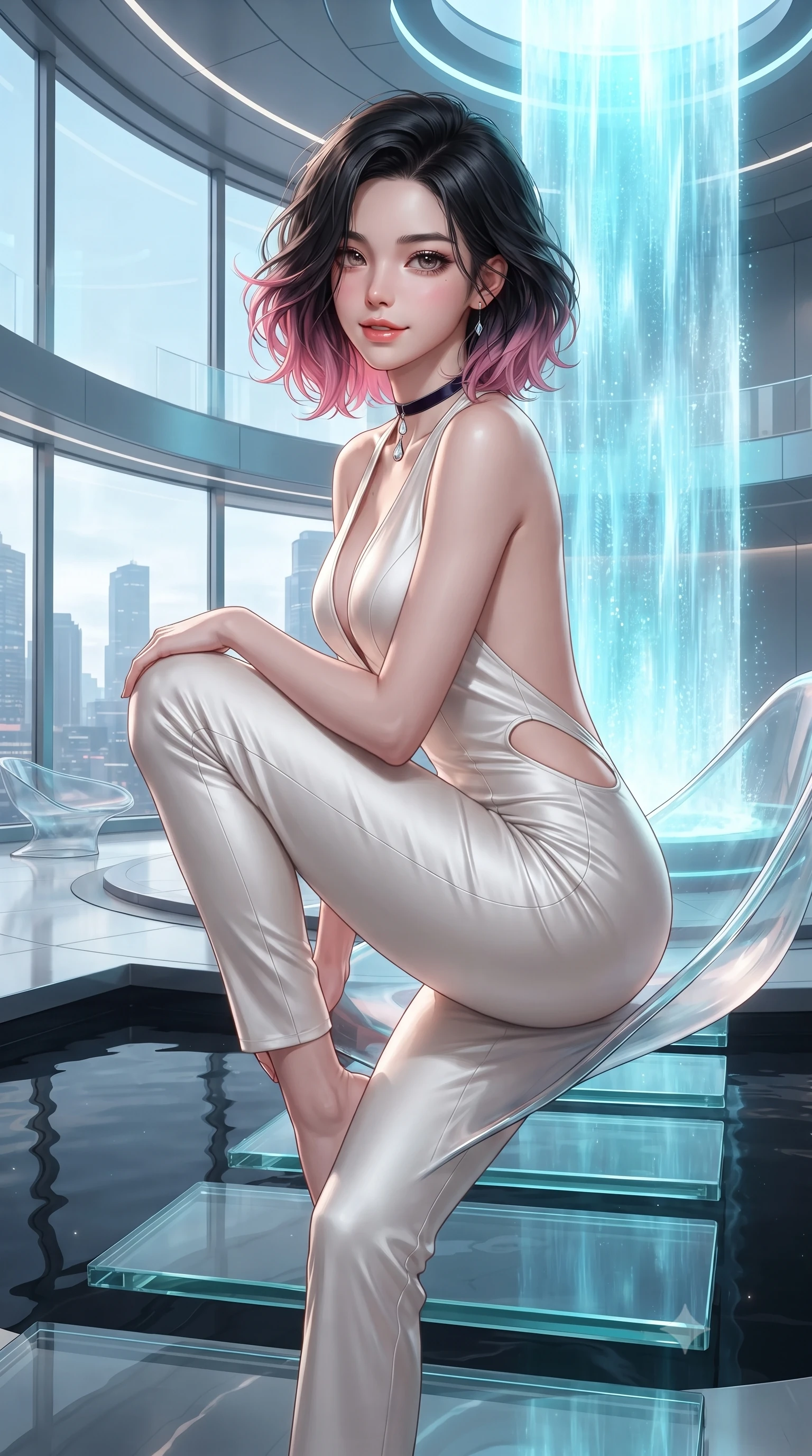 score_9, masterpiece, best quality, ultra-detailed, high-budget anime keyframe, editorial fashion photography, tasteful artistic composition, Korean woman. close-up cowboy shot from the waist and thighs up, the character dominates the composition, filling the frame with her large presence. perched sideways on the lounge seat, one knee drawn up to showcase her slender leg line while her arched back accentuates her feminine hip curve while standing poised on the transparent glass stepping stones above the dark reflecting basin, arching her back with breathtaking sci-fi elegance. The surrounding environment is rendered in vivid detail and crisp panoramic clarity: detailed strapless boned corset bodice weave, diamond choker shine, and futuristic atrium architecture in high resolution. She has an exceptionally elegant, slender, and willowy female figure with an ultra-slim waist, flat toned midriff, narrow ribcage, and sculpted feminine hips creating an alluring, slim hourglass silhouette without bulk. sharp v-shaped jawline, high-bridge nose, sparkling eyes with hypnotic seductive depth, thick curled eyelashes, glossy parted lips with a natural dewy peach sheen, alluring bedroom-eyes with an enchanting coquettish smile, exuding magnetic siren charisma and sophisticated glamour, flawlessly proportioned anatomical accuracy, strict slender model proportions, natural body alignment, perfectly sculpted long slender limbs, ultra-slim waistline, clean dynamic posture without body distortion. wearing a backless plunge-front silk satin jumpsuit with fluid wide-leg silhouette and side hip cutouts in pure pearl alabaster with platinum sheen, tailored from fine structural neoprene with crisp architectural edges and smooth contouring, finished with a thin velvet ribbon choker and a single teardrop diamond pendant, the precision-cut side openings and low-back scoop framing her graceful spine and the sensual sweep of her slim, toned hips. bathed in brilliant cascading cyan and white light radiating from the monumental holographic waterfall. ultra-reflective glossy finish, specular highlights, rich textural contrasts, high-contrast stereoscopic depth, volumetric dynamic lighting, 2k, ultra detail, master piece, 9:16 ratio