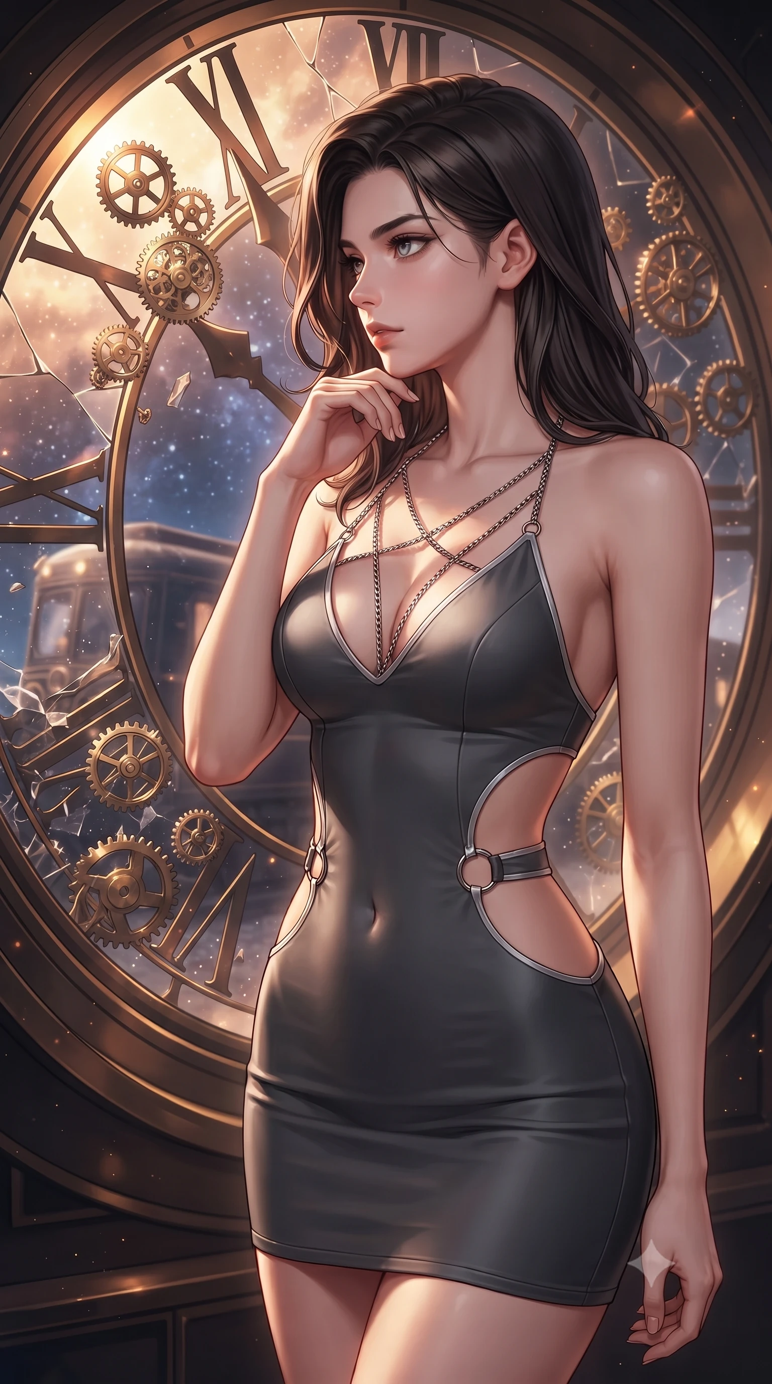 score_9, masterpiece, best quality, ultra-detailed, high-budget anime keyframe, editorial fashion photography, tasteful artistic composition, Korean woman. close-up cowboy shot from the waist and thighs up, the character dominates the composition, filling the frame with her large presence, background elements kept in soft focus. Resting her chin on the backs of her fingers, casting a sharp, mysterious gaze gazing out a massive circular clock window at a twilight galaxy express train, floating brass gears and clocksprings casting intricate metallic reflections. She has an exceptionally elegant, slender, and willowy female figure with an ultra-slim waist, a gracefully sculpted slender torso, and a refined silhouette. sharp v-shaped jawline, high-bridge nose, intricate jewel-like eyes with depth, thick eyelashes, glossy lips with a natural sheen. wearing a deep-scoop halter bodycon dress with hip cutouts connected by silver rings in charcoal grey and platinum, formed from sleek second-skin neoprene, adorned with delicate metallic chain straps along the neckline, the form-contouring material highlighting her ultra-slim waist and long lines. bathed in warm twilight amber backlighting and rich metallic specular glow. highly saturated vibrant anime colors, detailed shading with soft gradients, rich glossy textures, high-contrast stereoscopic depth, volumetric dynamic lighting, master piece, 9:16 ratio