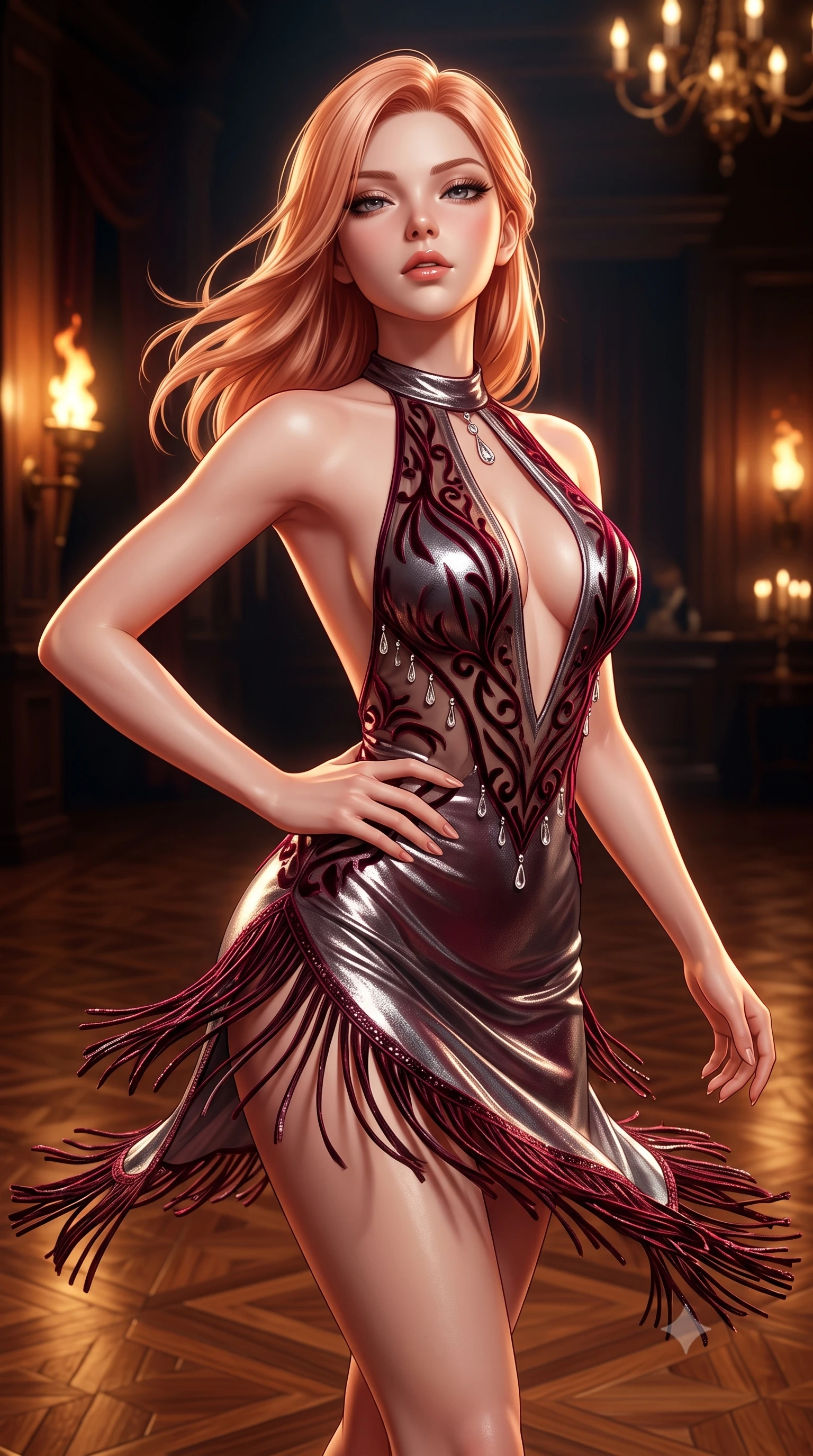 score_9, masterpiece, best quality, ultra-detailed, high-budget anime keyframe, semi-realistic 3D game render, editorial fashion photography, tasteful artistic composition, Japanese woman. close-up cowboy shot from the waist and thighs up, the character dominates the composition, filling the frame with her large presence. tilting her chin up with proud, sovereign allure while gazing through thick eyelashes, one hand resting on her waist in pure supermodel charisma while twirling dynamically on the polished parquet dance floor, fringes of her dress fluttering around her curvy hips. The surrounding environment is rendered in vivid detail and crisp panoramic clarity. luxurious vintage chiaroscuro and glamorous Great Gatsby nightlife aesthetics rendered with precision. She has an exceptionally elegant, slender, and willowy female figure with an ultra-slim waist, a gracefully sculpted slender torso, toned flat midriff, and rounded feminine hips creating an alluring hourglass silhouette. sharp v-shaped jawline, high-bridge nose, intricate jewel-like eyes with depth, thick eyelashes, glossy parted lips with a natural sheen, intensely captivating and seductive bedroom-eyes expression, flawlessly proportioned anatomical accuracy, strict slender model proportions, natural body alignment, perfectly sculpted long slender limbs, ultra-slim waistline, clean dynamic posture without body distortion. wearing a dramatic halter-neck metallic lamé cocktail dress with bare shoulders and an open back in wine burgundy and shimmering silver, made of sheer contouring mesh with velvet flocking patterns, accented with delicate crystal teardrop pendants outlining the plunging neckline, the glove-like aerodynamic silhouette tightly following the natural contour of her hips and long slender legs with statuesque precision. illuminated by rich directional firelight sculpting every feminine curve of her slender silhouette. highly saturated vibrant anime colors, detailed shading with soft gradients, rich glossy textures, high-contrast stereoscopic depth, volumetric dynamic lighting, master piece, 9:16 ratio