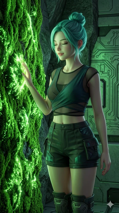 score_9, masterpiece, best quality, ultra-detailed, high-budget anime keyframe, semi-realistic 3D game render, Japanese woman. Upper body close-up from the thighs up, character filling the screen for maximum presence. Standing next to a glowing moss 
