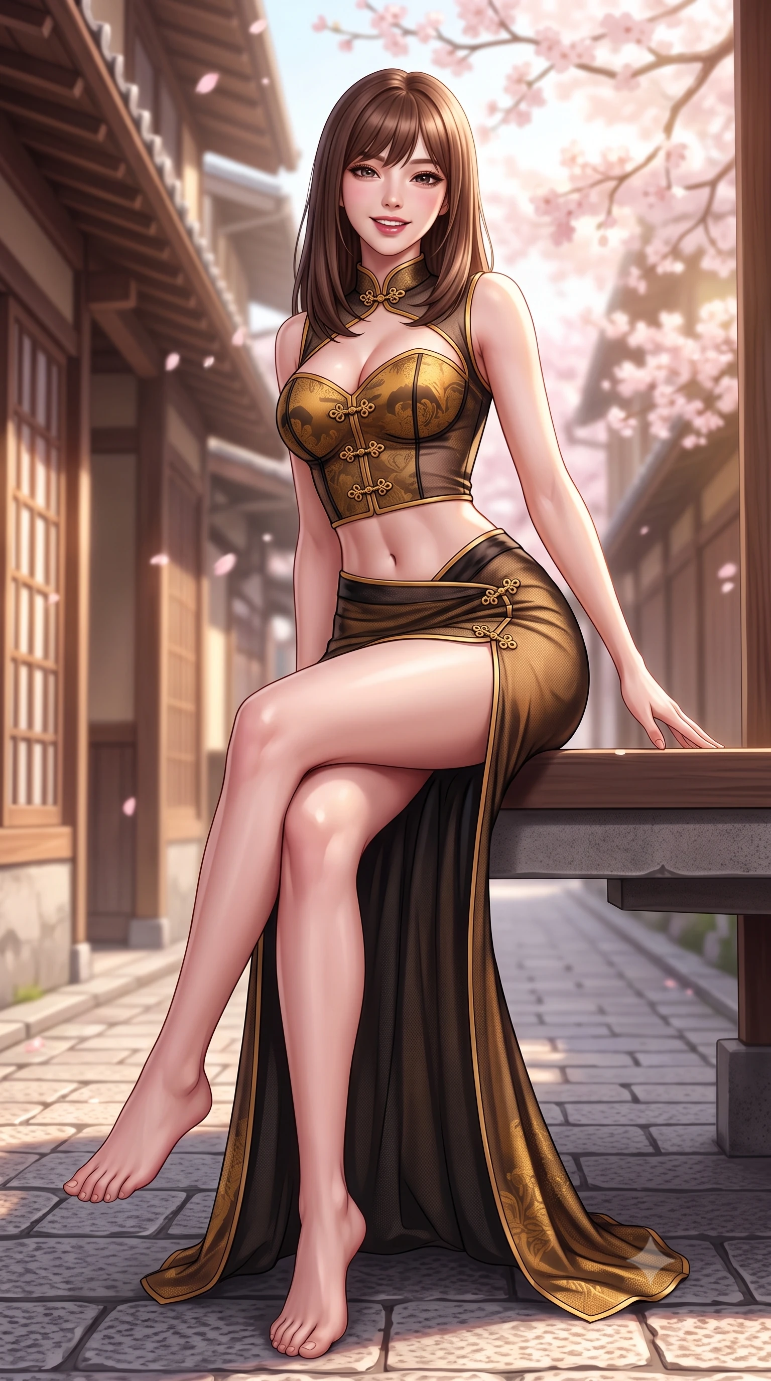 score_9, masterpiece, best quality, ultra-detailed, high-budget anime keyframe, semi-realistic 3D game render, editorial fashion photography, tasteful artistic composition, Korean woman. low angle full-body shot from head to toe showing her feet, filling the entire 9:16 vertical frame with her statuesque presence, stretching her vertical silhouette. sitting perched on the elevated pavilion terrace edge with legs crossed and hips angled toward the camera, displaying her toned midriff and long slender limbs with joyful, coquettish charm while twisting her slender torso in an alluring S-curve in the spring breeze, her form-fitting modern kimono tracing her narrow waist and hips. The background shows a soft-focus quiet cobblestone alleys and traditional wooden eaves softened in nostalgic Tokyo spring shallow focus. She has an absolutely perfect, statuesque 8.5-heads proportion, an exceptionally tall and slender model-like female figure with impossibly long slender legs, an ultra-slim waist, a flat toned midriff, narrow delicate ribcage, and beautifully sculpted feminine hips creating a graceful, slim hourglass silhouette without any bulky heaviness. sharp v-shaped jawline, high-bridge nose, intricate jewel-like dark sparkling almond eyes with depth, thick lashes, glossy parted lips with a natural rose-plum sheen, bright alluring and coquettish smile with bedroom-eyes, exuding both timeless oriental elegance and sovereign high-fashion allure, flawlessly proportioned anatomical accuracy, strict slender model proportions, natural body alignment, perfectly sculpted long slender limbs, ultra-slim waistline, clean dynamic posture without body distortion. wearing a sweetheart-neckline oriental jacquard bustier top paired with a curve-hugging high-slit mermaid maxi skirt in antique saffron gold and ebony black, made of sheer technical micro-mesh with contouring shadow effects, accented with intricate gold frog buttons and a delicate mandarin collar, the high-waisted wrap tailoring accentuating her ultra-slim waistline and the enchanting curve of her feminine hips with alluring oriental charm. bathed in warm, soft spring afternoon sunlight filtering through pink blossom branches. highly saturated vibrant anime colors, detailed shading with soft gradients, rich glossy textures, high-contrast stereoscopic depth, volumetric dynamic lighting, master piece, 9:16 ratio