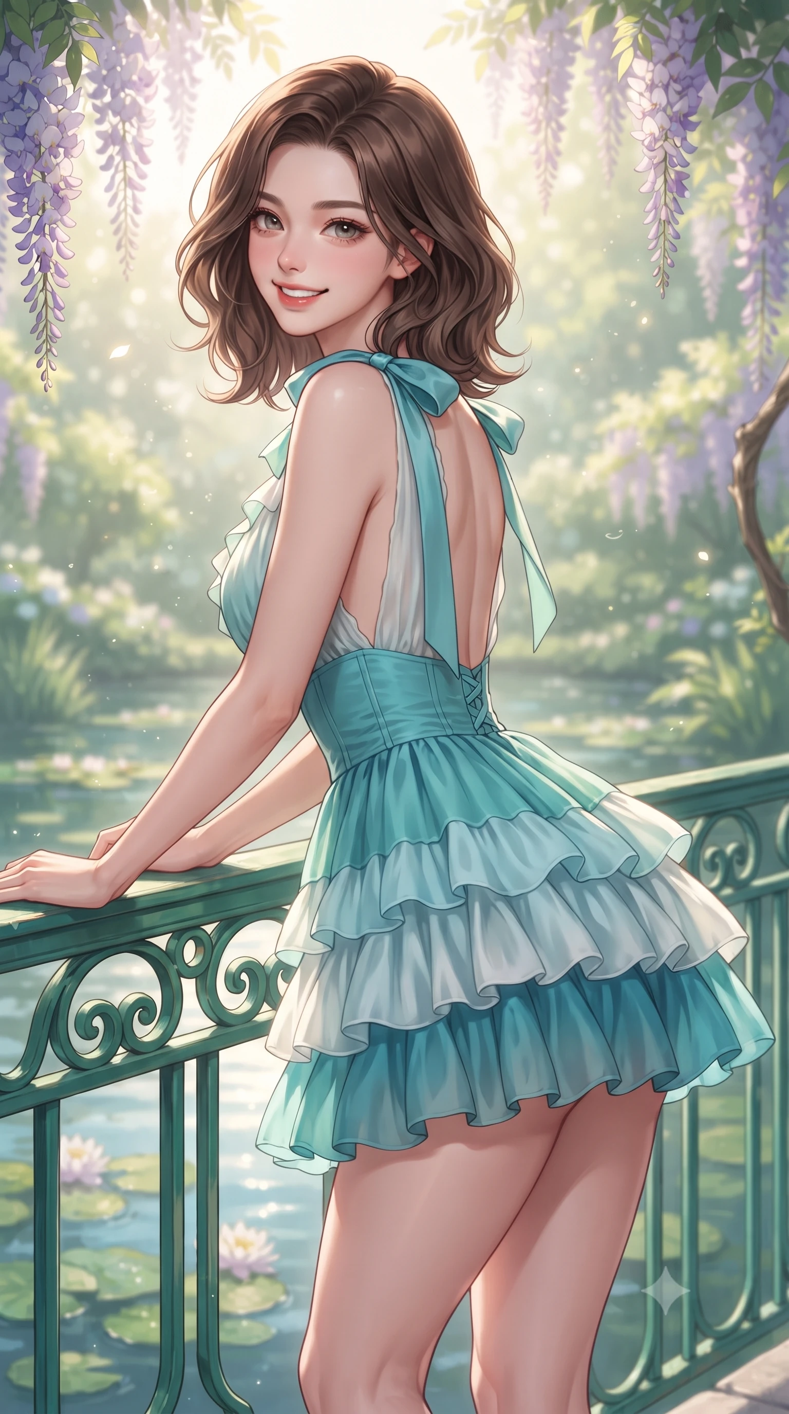 score_9, masterpiece, best quality, ultra-detailed, high-budget anime keyframe, editorial fashion photography, tasteful artistic composition, Korean woman. close-up cowboy shot from the waist and thighs up, the character dominates the composition, filling the frame with her large presence. leaning forward with playful cute grace while arching her lower back to accentuate her curvy hips, looking into the camera with a bright cheerful smile and alluring coquettish bedroom-eyes while leaning against the emerald bridge railing with hips cocked back, looking over her shoulder with charming, seductive bedroom-eyes at the water lilies. The composition keeps background elements in soft focus with dreamy creamy bokeh. sun-dappled pond reflections and gentle water ripples softened in impressionist romantic shallow focus. She has an exceptionally elegant, slender, and willowy female figure with an ultra-slim waist, flat toned midriff, narrow ribcage, and sculpted feminine hips creating an alluring, slim hourglass silhouette without bulk. sharp v-shaped jawline, high-bridge nose, intricate jewel-like sparkling eyes with depth, thick eyelashes, glossy parted lips with a natural peach sheen, bright cheerful beaming smile with an enchanting and coquettish sensual glint, exuding both youthful cute charm and seductive allure, flawlessly proportioned anatomical accuracy, strict slender model proportions, natural body alignment, perfectly sculpted long slender limbs, ultra-slim waistline, clean dynamic posture without body distortion. wearing a tiered ruffled chiffon mini dress with a fitted corseted waist and open back in ocean turquoise and sea-salt white, made of smooth fluid silk satin with a delicate pearlescent sheen, finished with cute satin bow ribbons tying at the shoulders, the precision-cut side openings and low-back scoop framing her graceful spine and the sensual sweep of her slim, toned hips. bathed in soft, radiant morning French sunshine filtering through wisteria blossoms. ultra-reflective glossy finish, specular highlights, rich textural contrasts, high-contrast stereoscopic depth, volumetric dynamic lighting, 2k, ultra detail, master piece, 9:16 ratio