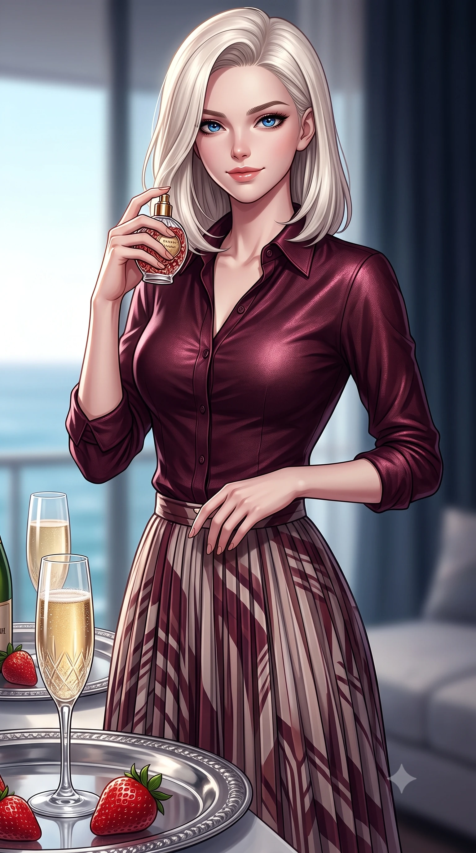 score_9, masterpiece, best quality, ultra-detailed, high-budget anime keyframe, editorial fashion photography, tasteful artistic composition, Caucasian woman. close-up cowboy shot from the waist and thighs up, the character dominates the composition, filling the frame with her large presence, background elements kept in soft focus. holding a vintage perfume bottle to her neck, smiling with quiet magnetic self-assurance set against a soft-focus background of inside an exclusive oceanfront balcony with a crystal glass of sparkling champagne and fresh strawberries on a silver tray. She has an exceptionally elegant, slender, and willowy female figure with an ultra-slim waist, a gracefully sculpted slender torso, and a refined silhouette. sharp v-shaped jawline, high-bridge nose, intricate jewel-like eyes with depth, thick eyelashes, glossy lips with a natural sheen. wearing form-contouring deep burgundy metallic jersey casual linen button-down shirt paired with a flowy pleated midi skirt featuring refined tailored seams. accented by a single dramatic key light highlighting her statuesque posture and slim waist. highly saturated vibrant anime colors, detailed shading with soft gradients, rich glossy textures, high-contrast stereoscopic depth, volumetric dynamic lighting, master piece, 9:16 ratio