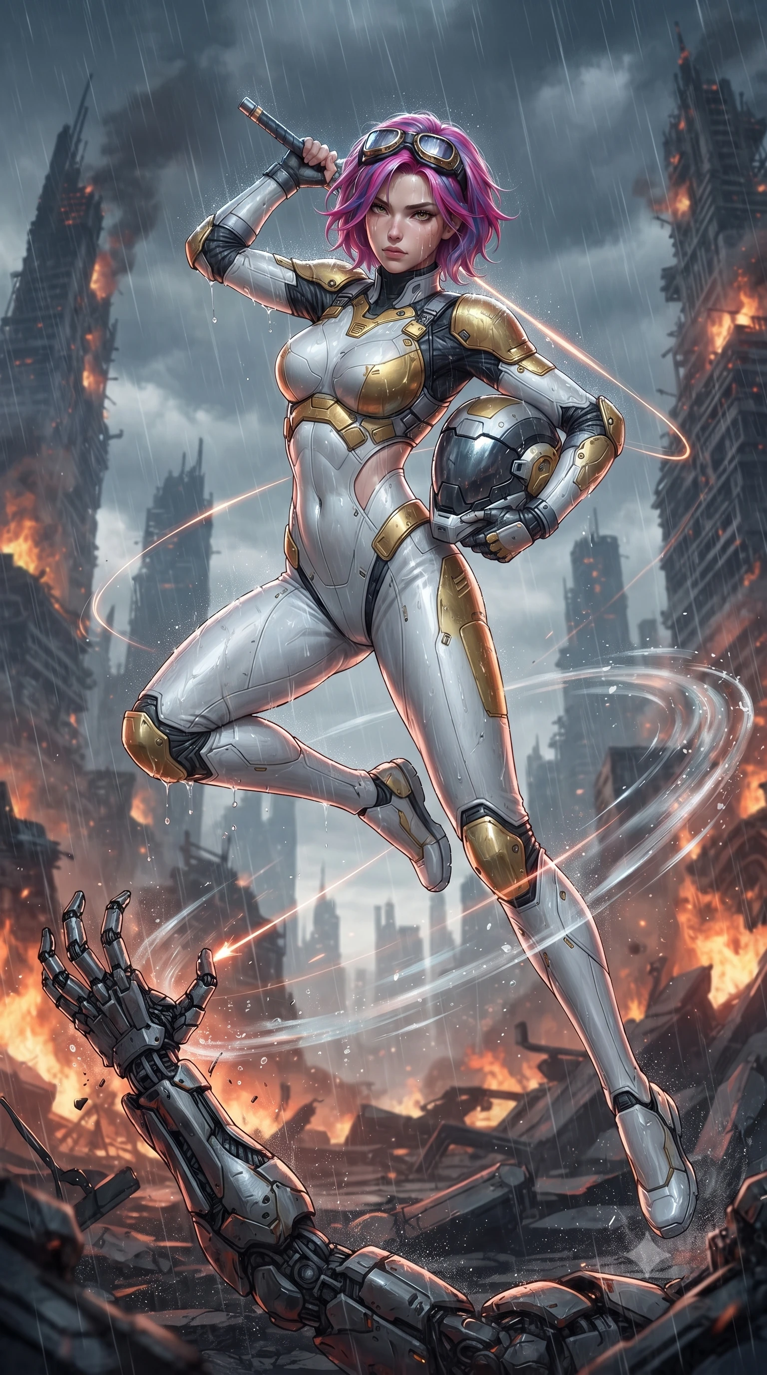 score_9, masterpiece, best quality, ultra-detailed, high-budget anime keyframe, editorial fashion photography, tasteful artistic composition, Caucasian woman. low angle full-body shot from head to toe showing her feet, filling the entire 9:16 vertical frame with her statuesque presence, stretching her vertical silhouette. leaping into mid-air with an athletic yet alluring arch of her spine, driving a downward kinetic strike surrounded by a ring of displaced air while standing resolute amidst blazing wreckage with goggles pushed up into her hair, gazing forward with unyielding defiance. The surrounding environment is rendered in vivid detail and crisp panoramic clarity. intricate forearm vambrace buckles, sweat beads on collarbones, and glowing laser lines in high clarity. She has an absolutely perfect, statuesque 8.5-heads proportion, an exceptionally tall and slender model-like female figure with impossibly long slender legs, a toned flat midriff, and an ultra-slim waist. sharp v-shaped jawline, high-bridge nose, intricate jewel-like eyes with depth, thick eyelashes, glossy lips with a natural sheen, fierce and resolute heroine expression, flawlessly proportioned anatomical accuracy, strict slender model proportions, natural body alignment, perfectly sculpted long slender limbs, ultra-slim waistline, clean dynamic posture without body distortion. holding a modular carbon battle-helmet under one arm, her flawless face and sculpted neck exposed to the rain with determined warrior focus, paired with a form-contouring high-mobility battle-suit featuring sculpted carbon chest plating, diagonal midriff ventilation cutouts, and kinetic knee vambraces in arctic white carbon composite with scratched solar gold armor plating, crafted from ultra-strong woven carbon-fiber composite with battle-tested satin luster, finished with high-mobility flexible armor articulation seams and miniature magnetic locks, the glove-like aerodynamic second-skin fit tightly clinging to her ultra-slender waist and athletic curves without adding bulk, accentuating her razor-sharp statuesque lines and slim hourglass silhouette. illuminated by crisp white key lighting with sharp specular highlights tracing her slender athletic build. ultra-reflective glossy finish, specular highlights, dark metallic sheen, high-contrast stereoscopic depth, volumetric dynamic lighting, 2k, ultra detail, master piece, 9:16 ratio