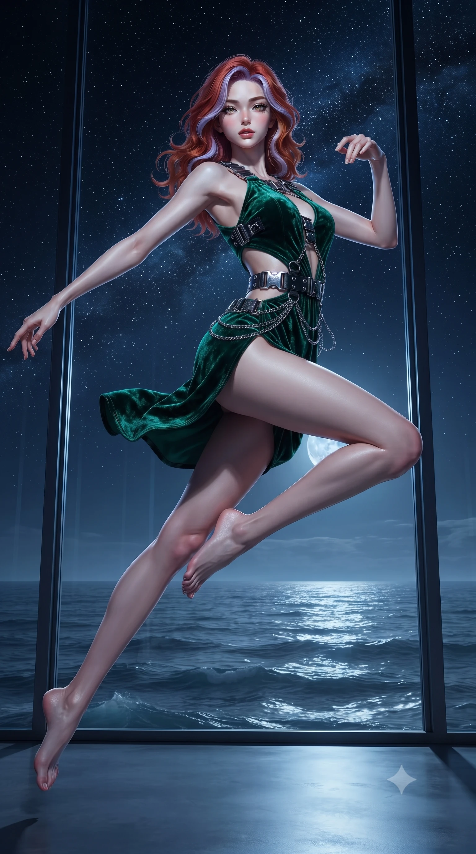 score_9, masterpiece, best quality, ultra-detailed, high-budget anime keyframe, editorial fashion photography, tasteful artistic composition, Caucasian woman. low angle full-body shot from head to toe showing her feet, filling the entire 9:16 vertical frame with her statuesque presence, stretching her vertical silhouette. leaping dynamically through the starry space, her posture full of power and elegance, poised before a floor-to-ceiling glass bay looking out over calm moonlit ocean waves, impossibly long slender legs emphasized by a high thigh-slit outfit. She has an absolutely perfect, statuesque 8.5-heads proportion, an exceptionally tall and slender model-like female figure with impossibly long slender legs and an ultra-slim waist. sharp v-shaped jawline, high-bridge nose, intricate jewel-like eyes with depth, thick eyelashes, glossy lips with a natural sheen. wearing dramatic architectural open-waist cutout mini dress in dark velvet framed by chrome hardware in deep emerald green, made of crushed dark silk velvet, framed by dark titanium buckles and silver chain details, accentuating her gracefully sculpted slender torso. bathed in dramatic nocturnal blue and silver contrast lighting. highly saturated vibrant anime colors, detailed shading with soft gradients, rich glossy textures, high-contrast stereoscopic depth, volumetric dynamic lighting, master piece, 9:16 ratio