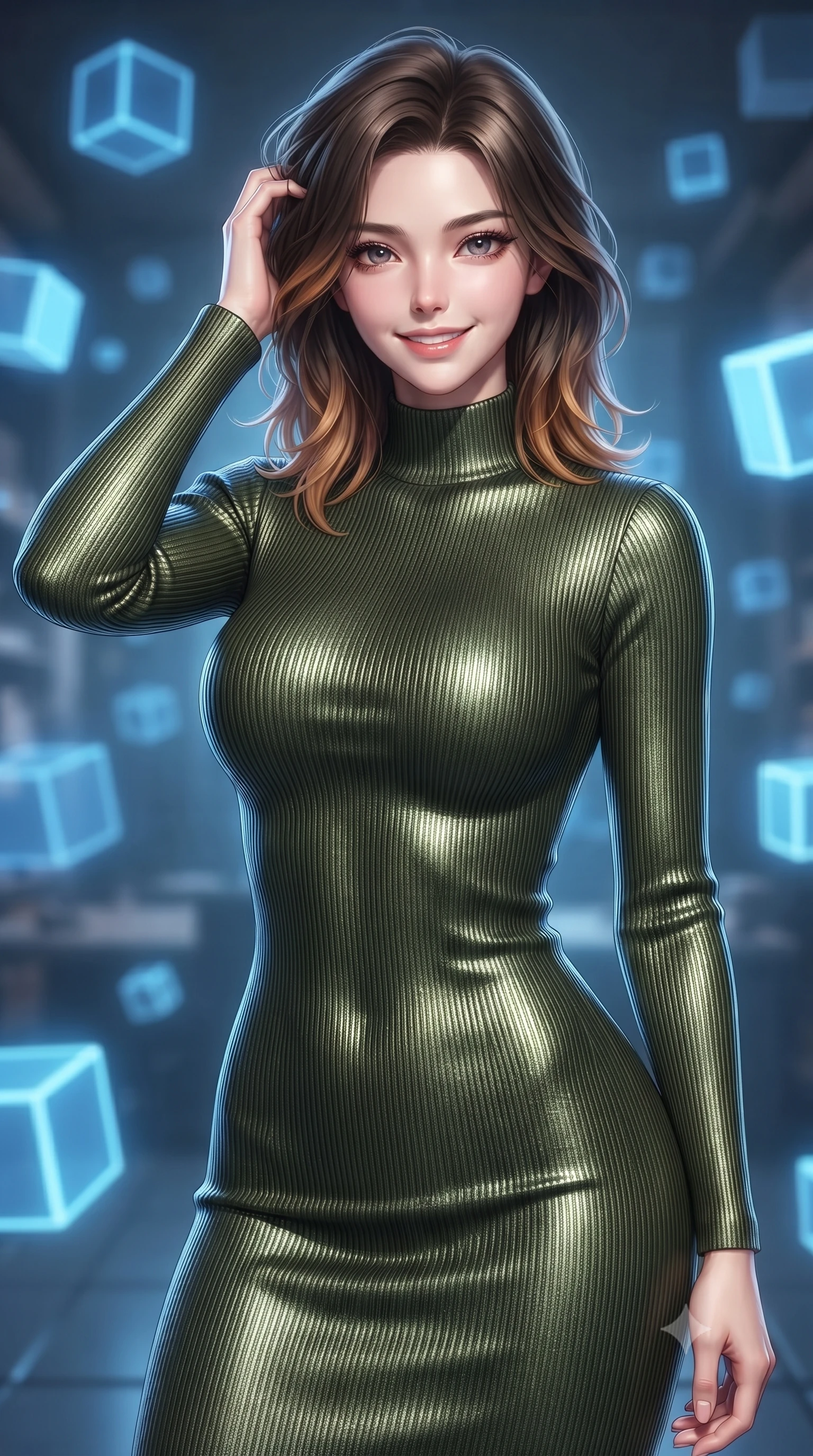 score_9, masterpiece, best quality, ultra-detailed, high-budget anime keyframe, editorial fashion photography, tasteful artistic composition, Korean woman. close-up cowboy shot from the waist and thighs up, the character dominates the composition, filling the frame with her large presence, background elements kept in soft focus. slowly running a hand through her hair, smiling with quiet, magnetic self-assurance directly into the camera, the background shows a soft-focus a virtual study chamber with floating, glowing blue geometry cubes. She has an exceptionally elegant, slender, and willowy female figure with an ultra-slim waist, a gracefully sculpted slender torso, and a refined silhouette. sharp v-shaped jawline, high-bridge nose, intricate jewel-like eyes with depth, thick eyelashes, glossy lips with a natural sheen. wearing a tailored body-hugging ribbed carbon-fiber knit bodycon midi dress in olive green, featuring a snug mock-neck. soft blue light radiating from the digital cubes onto her refined profile. ultra-reflective glossy finish, specular highlights, metallic sheen, high-contrast stereoscopic depth, volumetric dynamic lighting, 2k, ultra detail, master piece, 9:16 ratio