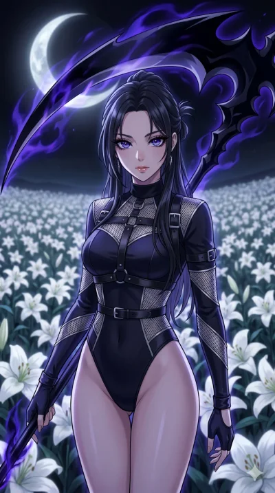 score_9, masterpiece, best quality, ultra-detailed, High-budget Anime Keyframe, beautiful Japanese anime girl. Upper body close-up from the thighs up, character filling the screen for maximum presence. Wielding a massive, obsidian scythe that is thre