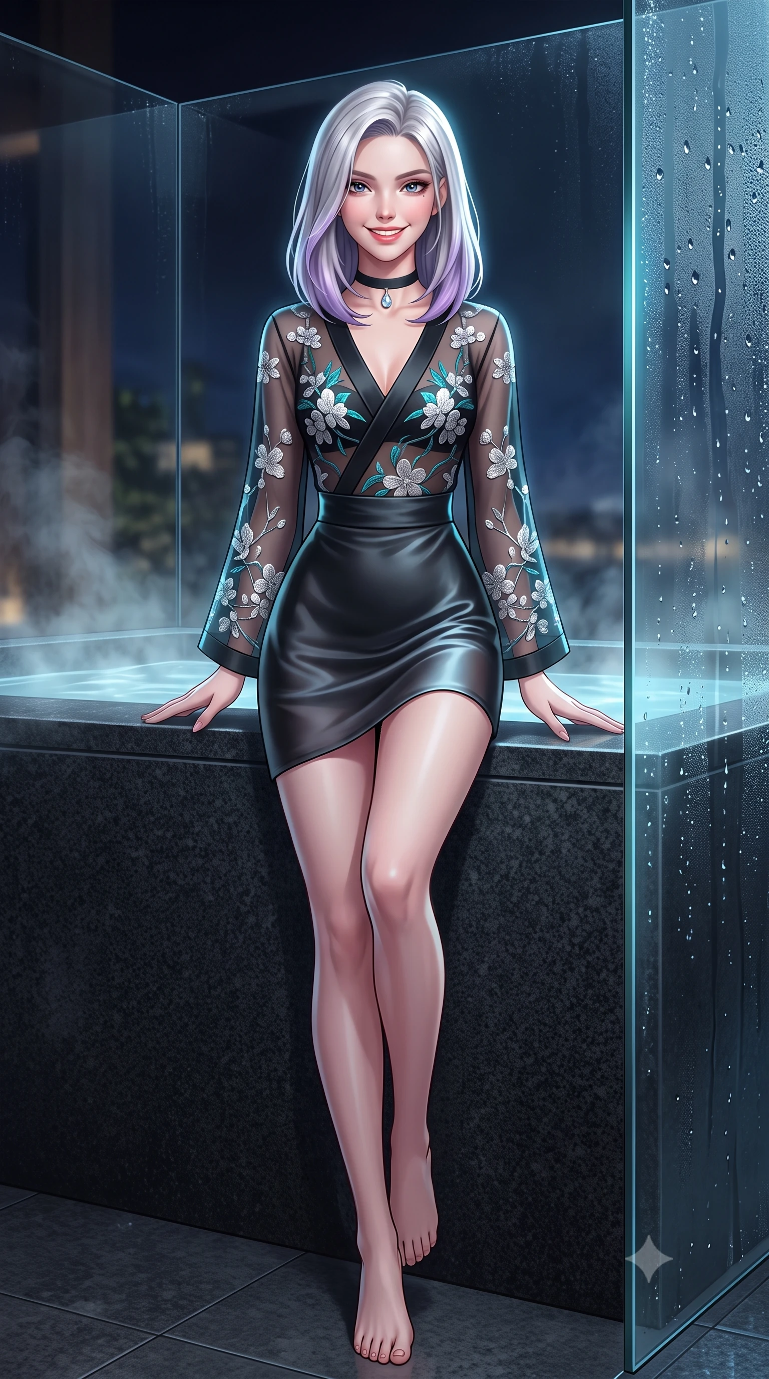 score_9, masterpiece, best quality, ultra-detailed, high-budget anime keyframe, semi-realistic 3D game render, editorial fashion photography, tasteful artistic composition, Caucasian woman. low angle full-body shot from head to toe showing her feet, filling the entire 9:16 vertical frame with her statuesque presence, stretching her vertical silhouette. stepping slowly toward the camera with hypnotic grace, hips swaying in an alluring sensual rhythm that accentuates her curvy hourglass silhouette and long slender legs while lounging in the steaming water propped on the dark granite tub rim with legs extended, her statuesque 8.5-heads silhouette commanding the clouds. The surrounding environment is rendered in vivid detail and crisp panoramic clarity: sharp frameless glass corner structural joints, honed black granite tub textures, and condensation water beads in deep focus. She has an exceptionally tall and slender model-like 8.5-heads proportion, an ultra-slim waist, a flat toned midriff, narrow delicate ribcage, and beautifully sculpted feminine hips creating a graceful, slim hourglass silhouette without any bulky heaviness, with impossibly long slender legs. sharp v-shaped jawline, high-bridge nose, intricate jewel-like sparkling eyes with depth, thick eyelashes, glossy parted lips with a natural peach sheen, bright cheerful beaming smile with an enchanting and coquettish sensual glint, exuding both youthful cute charm and seductive allure, flawlessly proportioned anatomical accuracy, strict slender model proportions, natural body alignment, perfectly sculpted long slender limbs, ultra-slim waistline, clean dynamic posture without body distortion. wearing a provocative sheer noir illusion mesh kimono dress with embroidered silver cherry blossom motifs framing her curves in Mediterranean bioluminescent teal and radiant pearl, crafted from fluid liquid silk satin that clings smoothly to her narrow waist and rounded hips with a dewy sheen, finished with a thin velvet ribbon choker and a single teardrop diamond pendant, the form-contouring silhouette accentuating her sculpted flat midriff, narrow delicate ribcage, and gracefully curvy hips with intoxicating allure. illuminated by tub water caustics bounce and sharp platinum-cyan rim lights sculpting her jawline, narrow waist, and curvy hips. highly saturated vibrant anime colors, detailed shading with soft gradients, rich glossy textures, high-contrast stereoscopic depth, volumetric dynamic lighting, master piece, 9:16 ratio