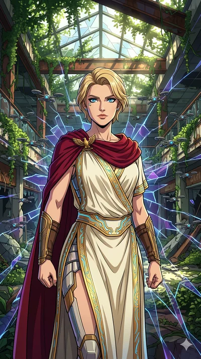 score_9, masterpiece, best quality, ultra-detailed, Set A: High-budget Anime Keyframe, Caucasian (human ears) woman. Upper body close-up from the thighs up, character filling the screen for maximum presence. Theme: Historical Remix. shattering the fa