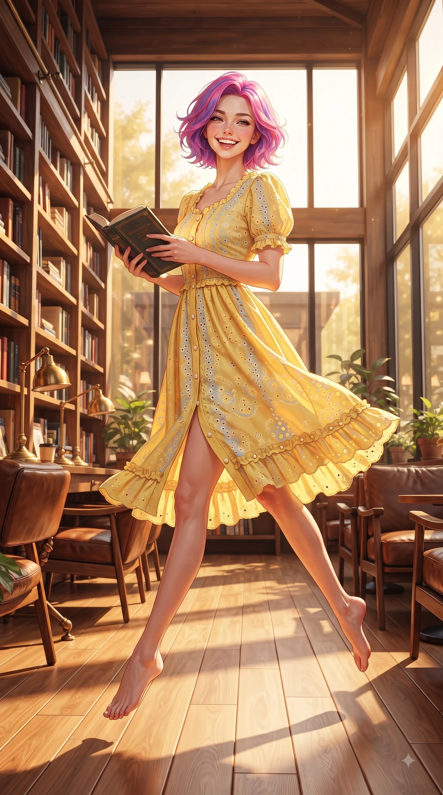 score_9, masterpiece, best quality, ultra-detailed, high-budget anime keyframe, editorial fashion photography, tasteful artistic composition, Caucasian woman. low angle full-body shot from head to toe showing her feet, filling the entire 9:16 vertical frame with her statuesque presence, stretching her vertical silhouette. leaping with pure youthful energy through the scene with a radiant bright smile, her long slender legs balanced gracefully while sitting by a large sunlit glass window inside a warm wooden book cafe, holding a favorite book. The surrounding environment is rendered in vivid detail and crisp panoramic clarity. floor-to-ceiling wooden bookshelves, vintage desk lamps, and sunlit reading nooks captured in sharp clarity. She has an absolutely perfect, statuesque 8.5-heads proportion, an exceptionally tall and slender model-like female figure with impossibly long slender legs and an ultra-slim waist. sharp v-shaped jawline, high-bridge nose, intricate jewel-like eyes with depth, thick eyelashes, glossy lips with a natural sheen, flawlessly proportioned anatomical accuracy, natural body alignment, perfectly sculpted elegant limbs, clean dynamic posture without body distortion. wearing a cheerful daffodil-yellow button-front midi dress with short puff sleeves in baby blue and cloud white, woven with delicate eyelet lace and soft cotton, finished with subtle ruffle trims and delicate pearl buttons, the soft airy drape swaying gracefully with her dynamic movements. bathed in warm golden sunlight streaming through clean glass cafe windows. ultra-reflective glossy finish, specular highlights, metallic sheen, high-contrast stereoscopic depth, volumetric dynamic lighting, 2k, ultra detail, master piece, 9:16 ratio