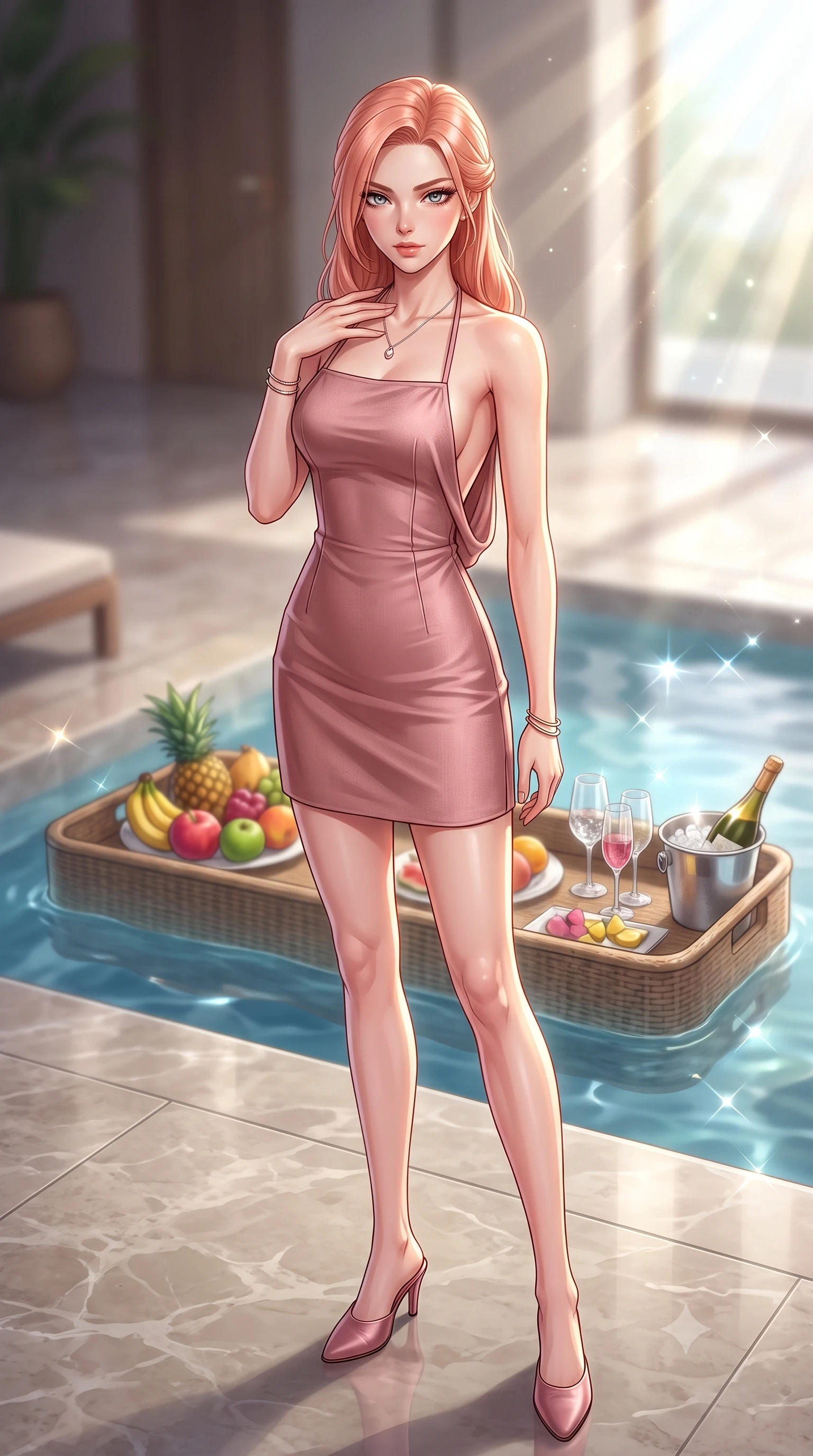 score_9, masterpiece, best quality, ultra-detailed, high-budget anime keyframe, editorial fashion photography, tasteful artistic composition, Japanese woman. low angle full-body shot from head to toe showing her feet, filling the entire 9:16 vertical frame with her statuesque presence, stretching her vertical silhouette. posing cutely yet provocatively, resting one hand against her collarbone while gazing deeply into the lens set against a soft-focus background of inside an exclusive cocktail lounge with a floating pool tray of tropical fruits and chilled wine in soft focus. She has an absolutely perfect, statuesque 8.5-heads proportion, an exceptionally tall and slender model-like female figure with impossibly long slender legs and an ultra-slim waist. sharp v-shaped jawline, high-bridge nose, intricate jewel-like eyes with depth, thick eyelashes, glossy lips with a natural sheen. wearing tailored dusty rose matte silk backless linen halter dress featuring delicate straps and a draped open-back design featuring refined tailored seams. lit by crisp morning sun rays creating sparkling glints on polished glass and water. highly saturated vibrant anime colors, detailed shading with soft gradients, rich glossy textures, high-contrast stereoscopic depth, volumetric dynamic lighting, master piece, 9:16 ratio