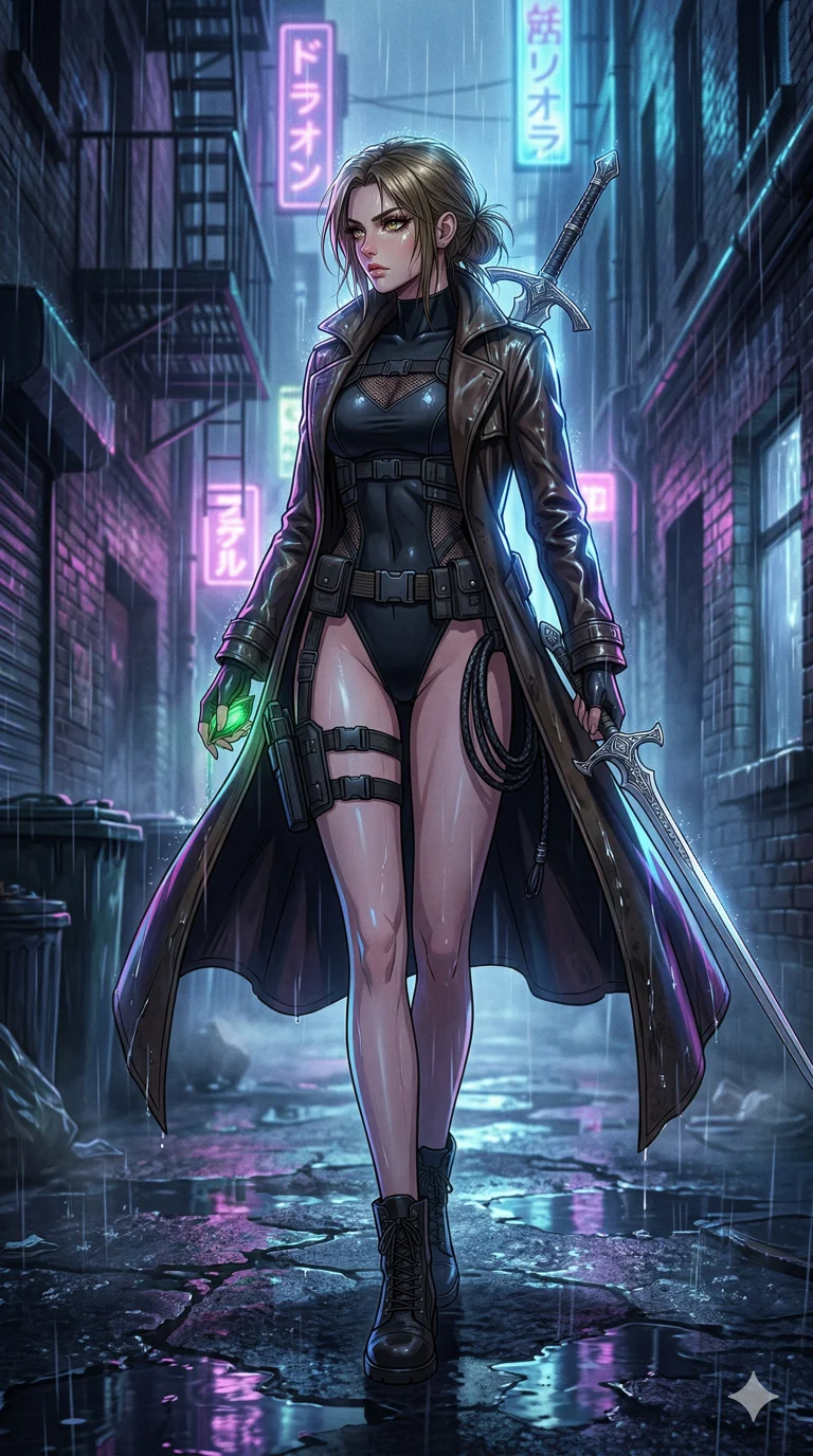 score_9, masterpiece, best quality, ultra-detailed, high-budget anime keyframe, an incredibly beautiful Caucasian woman (strictly human ears). Full-body shot stretching the vertical silhouette, dominating the 9:16 frame. She is a demon hunter tracking prey in a dark alley. She possesses a statuesque height and a towering silhouette, highlighting her long slender legs and perfect 8-heads proportion. Her face is a highly detailed masterpiece featuring a sharp v-shaped jawline, high-bridge nose, intricate jewel-like eyes, thick eyelashes, and glossy lips. She is wearing a leather trench coat over a high-cut bodysuit. A foggy, dimly lit city street with rain pouring down, dramatic rim lighting., 2k, ultra detail, master piece, 9:16 ratio
