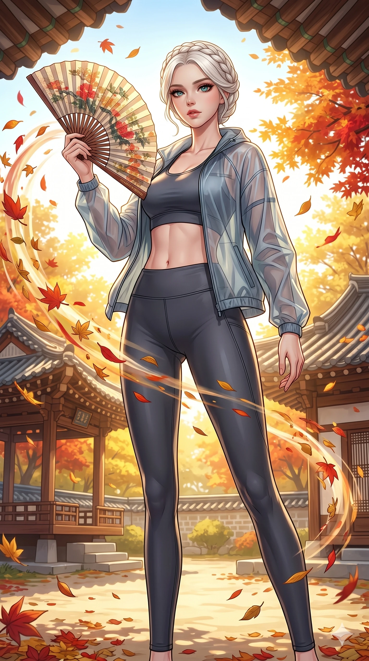 score_9, masterpiece, best quality, ultra-detailed, Set C: High-budget Anime Keyframe, Korean woman. Low angle cowboy shot filling the entire 9:16 frame with her statuesque presence. Waving a silk fan that creates gusts of colorful autumn leaves in a traditional temple. She has an absolutely perfect 8-heads proportion, an exceptionally tall and slender female figure with impossibly long slender legs and an ultra-slim waist. Sharp v-shaped jawline, high-bridge nose, intricate jewel-like eyes with depth, thick eyelashes, glossy lips. Wearing a Premium Athleisure outfit: sleek high-performance activewear with a sheer windbreaker and exposed midriff. Background is a bright and colorful temple courtyard with vibrant fall foliage and golden sunlight. 2k, ultra detail, master piece, 9:16 ratio