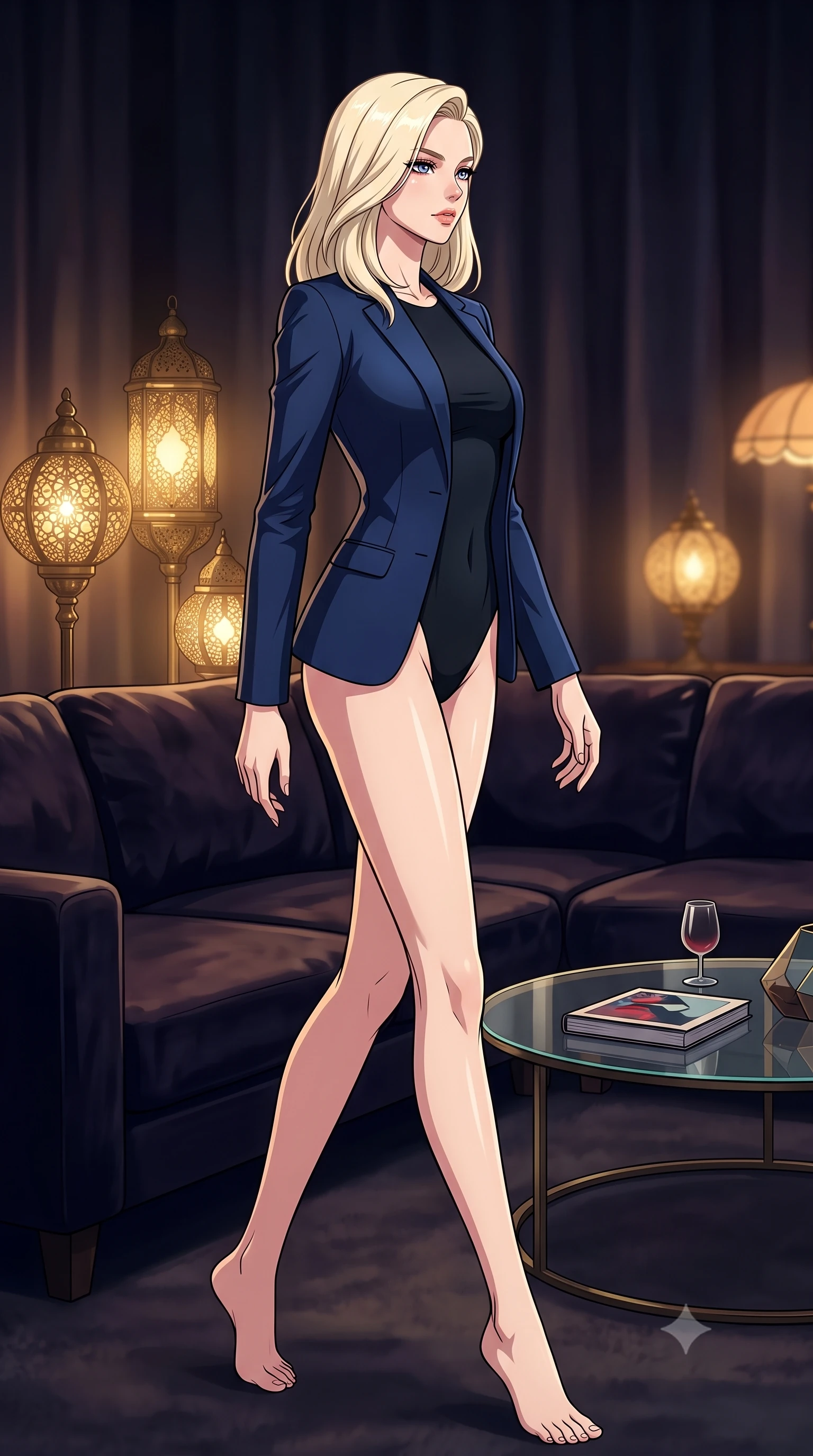 score_9, masterpiece, best quality, ultra-detailed, high-budget anime keyframe, tasteful artistic composition, Caucasian woman. low angle full-body shot from head to toe showing her feet, filling the entire 9:16 vertical frame with her statuesque presence, stretching her vertical silhouette. stepping gracefully while looking back over her shoulder, her dress draped tightly to reveal her silhouette the background shows a soft-focus a dark velvet lounge corner with vintage lamps and a round glass coffee table. She has an absolutely perfect, statuesque 8.5-heads proportion, an exceptionally tall and slender model-like female figure with impossibly long slender legs and an ultra-slim waist. sharp v-shaped jawline, high-bridge nose, intricate jewel-like eyes with depth, thick eyelashes, glossy lips with a natural sheen. wearing a body-hugging sleek tailored blazer in navy blue worn closed over a tight-fitting black bodysuit. low-contrast warm ambient glow creating a calm and relaxed mood. highly saturated vibrant anime colors, cel-shading, 2d style, master piece, 9:16 ratio