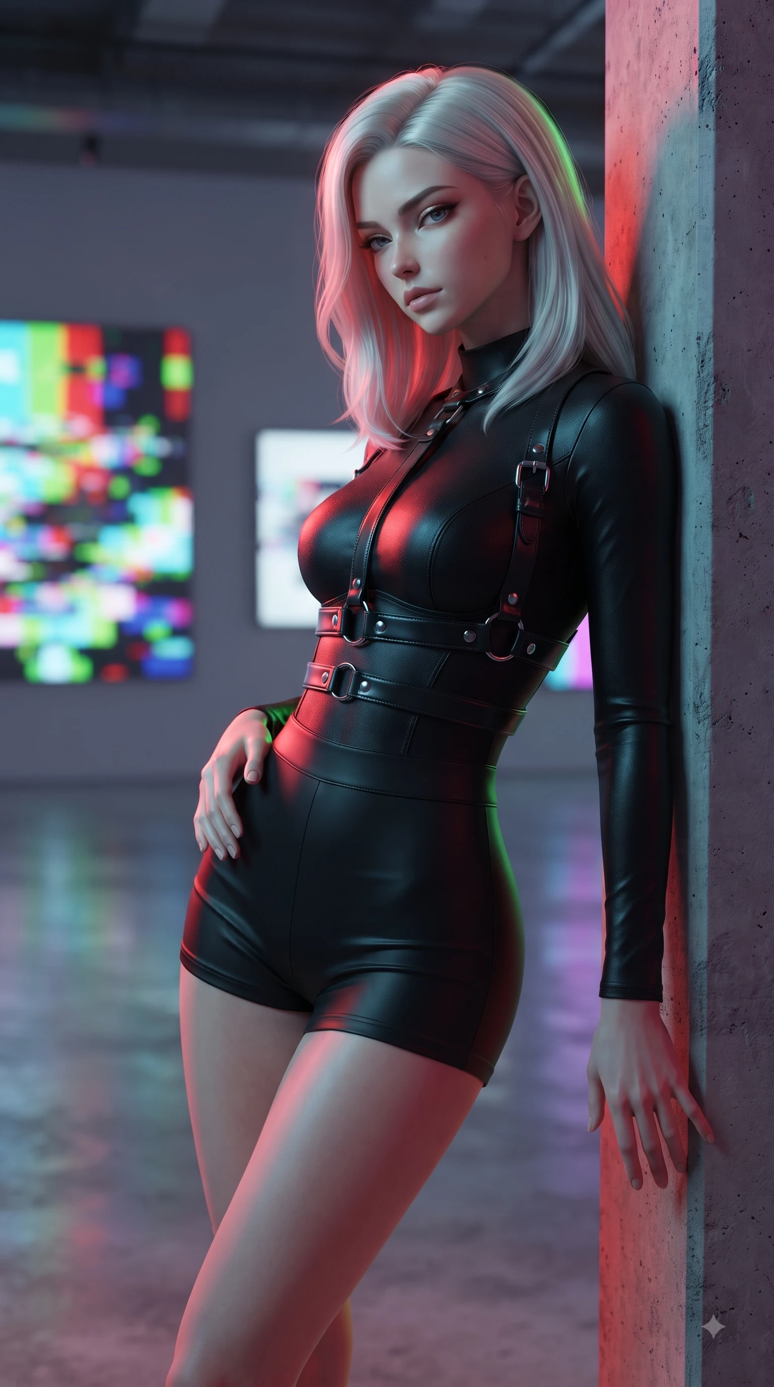 score_9, masterpiece, best quality, ultra-detailed, high-budget anime keyframe, editorial fashion photography, tasteful artistic composition, Caucasian woman woman. close-up cowboy shot from the waist and thighs up, the character dominates the composition, filling the frame with her large presence, background elements kept in soft focus. She has an exceptionally elegant, slender, and willowy female figure with an ultra-slim waist, a gracefully sculpted slender torso, and a refined silhouette. leaning back effortlessly against the surrounding architecture with an air of magnetic superiority, flawlessly proportioned anatomical accuracy, natural body alignment, perfectly sculpted elegant limbs, clean dynamic posture without body distortion. set against a soft-focus background of a high-end gallery with RGB noise digital canvas displays. wearing a black structured leather harness over a fitted second-skin micro-shorts set. bathed in dynamic shifting RGB neon lights creating dramatic high-contrast rim light. ultra-reflective glossy finish, specular highlights, metallic sheen, high-contrast stereoscopic depth, volumetric dynamic lighting, 2k, ultra detail, master piece, 9:16 ratio