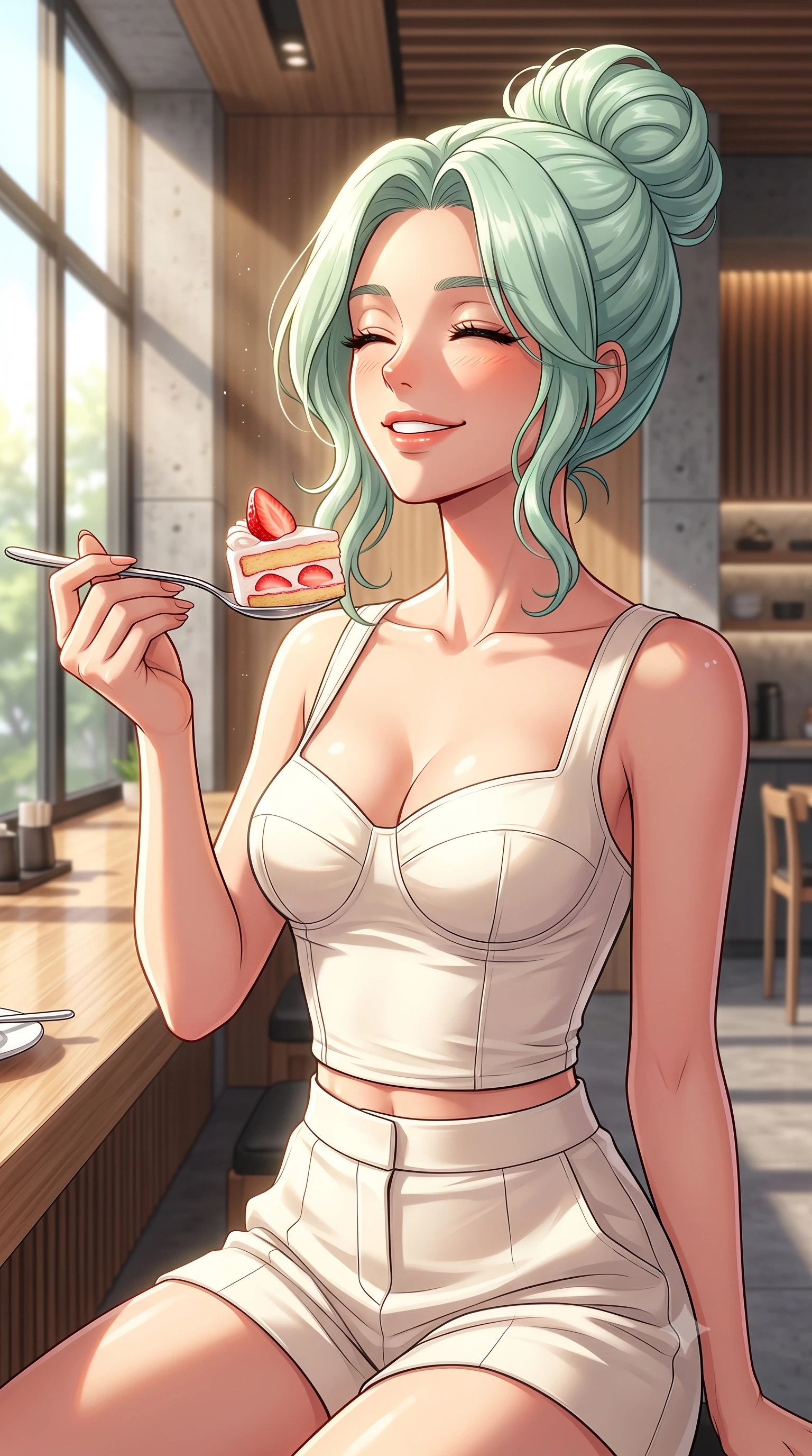 score_9, masterpiece, best quality, ultra-detailed, high-budget anime keyframe, editorial fashion photography, tasteful artistic composition, Japanese woman. close-up cowboy shot from the waist and thighs up, the character dominates the composition, filling the frame with her large presence, background elements kept in soft focus. smiling happily with closed eyes, enjoying the warm sunbeams on her face set against a soft-focus background of inside an upscale modern sushi bar with sleek wood panels and concrete accents holding a spoon with a bite of strawberry cake, smiling happily at the camera. She has an exceptionally elegant, slender, and willowy female figure with an ultra-slim waist, a gracefully sculpted slender torso, and a refined silhouette. sharp v-shaped jawline, high-bridge nose, intricate jewel-like eyes with depth, thick eyelashes, glossy lips with a natural sheen. wearing slim-fit tailored cotton bustier top paired with high-waist tailored shorts. bright afternoon sunlight streaming through the large window pane. highly saturated vibrant anime colors, detailed shading with soft gradients, rich glossy textures, high-contrast stereoscopic depth, volumetric dynamic lighting, master piece, 9:16 ratio