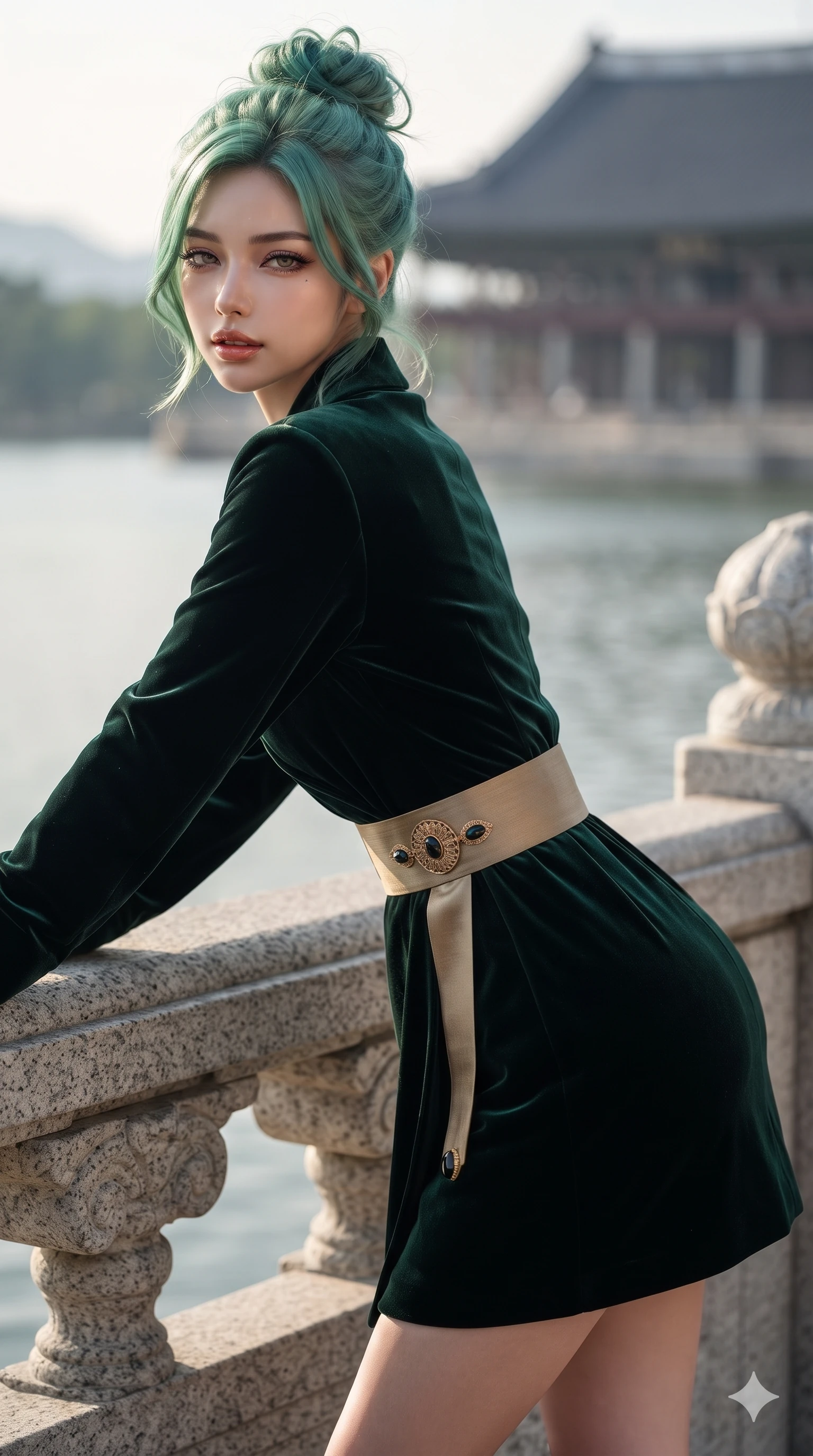 score_9, masterpiece, best quality, ultra-detailed, high-budget anime keyframe, editorial fashion photography, tasteful artistic composition, Japanese woman. close-up cowboy shot from the waist and thighs up, the character dominates the composition, filling the frame with her large presence. leaning forward while arching her lower back to accentuate her curvy hips, looking into the camera with an intoxicating smoldering gaze and bedroom-eyes while leaning back against the carved granite balustrade with hips cocked back, casting an intoxicating, sultry bedroom-gaze over a bare shoulder. The background shows a soft-focus monumental royal banquet pavilion softened in panoramic lake shallow focus. She has an exceptionally elegant, slender, and willowy female figure with an ultra-slim waist, flat toned midriff, narrow ribcage, and sculpted feminine hips creating an alluring, slim hourglass silhouette without bulk. sharp v-shaped jawline, high-bridge nose, sparkling eyes with hypnotic seductive depth, thick curled eyelashes, glossy parted lips with a natural dewy peach sheen, alluring bedroom-eyes with an enchanting coquettish smile, exuding magnetic siren charisma and sophisticated glamour, flawlessly proportioned anatomical accuracy, strict slender model proportions, natural body alignment, perfectly sculpted long slender limbs, ultra-slim waistline, clean dynamic posture without body distortion. wearing a structured minimalist hanbok wrap coat dress with clean geometric lines and a wide formal sash in dark emerald forest and brushed antique gold, tailored from crushed dark velvet with deep light-absorbing plush texture, accented with an authentic engraved gold medallion and obsidian cabochons, the impeccably tailored cut draping gracefully along her slender figure with aristocratic eastern poise. bathed in brilliant 4000K moonbeams sweeping across open palace waters. ultra-reflective glossy finish, specular highlights, rich textural contrasts, high-contrast stereoscopic depth, volumetric dynamic lighting, 2k, ultra detail, master piece, 9:16 ratio