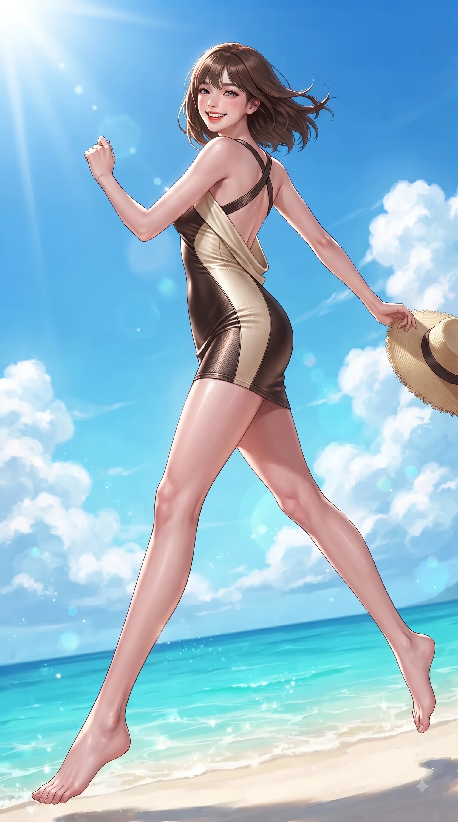 score_9, masterpiece, best quality, ultra-detailed, high-budget anime keyframe, editorial fashion photography, tasteful artistic composition, Korean woman. low angle full-body shot from head to toe showing her feet, filling the entire 9:16 vertical frame with her statuesque presence, stretching her vertical silhouette. leaping with pure youthful energy through mid-air with a radiant bright smile, her impossibly long slender legs stretched in balance while running playfully along an emerald sea beach with a straw sunhat held lightly in one hand, clear blue sky with soft white fluffy cumulus clouds adding vacation joy. She has an absolutely perfect, statuesque 8.5-heads proportion, an exceptionally tall and slender model-like female figure with impossibly long slender legs and an ultra-slim waist. sharp v-shaped jawline, high-bridge nose, intricate jewel-like eyes with depth, thick eyelashes, glossy lips with a natural sheen, flawlessly proportioned anatomical accuracy, natural body alignment, perfectly sculpted elegant limbs, clean dynamic posture without body distortion. wearing a precision-fitted liquid jersey bodycon dress with a graceful draped back in espresso brown and warm cream, made of fine carbon-fiber weave and soft matte leather, complemented by criss-cross back straps highlighting her bare shoulders, the sleek second-skin texture accentuating her magnetic presence. bathed in bright sunny tropical sunbeams and sparkling turquoise sea refractions. ultra-reflective glossy finish, specular highlights, metallic sheen, high-contrast stereoscopic depth, volumetric dynamic lighting, 2k, ultra detail, master piece, 9:16 ratio