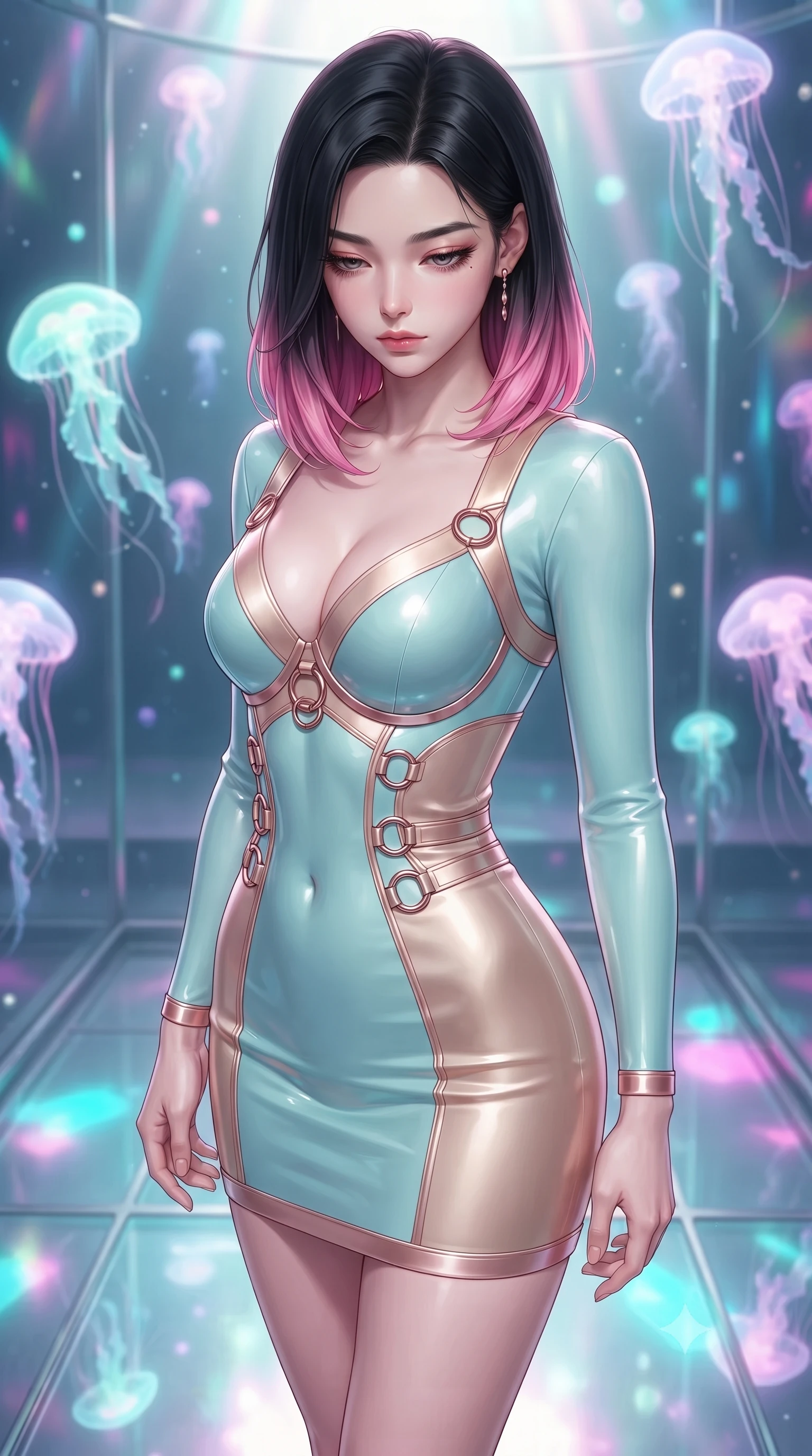 score_9, masterpiece, best quality, ultra-detailed, high-budget anime keyframe, editorial fashion photography, tasteful artistic composition, Korean woman. close-up cowboy shot from the waist and thighs up, the character dominates the composition, filling the frame with her large presence, background elements kept in soft focus. Looking down with lowered lashes and a composed, powerful aura, inside a floating glass sanctuary filled with bioluminescent opal jellyfish emitting soft pastel rays, iridescent cyan and magenta reflections dancing on polished glass floors. She has an exceptionally elegant, slender, and willowy female figure with an ultra-slim waist, a gracefully sculpted slender torso, and a refined silhouette. sharp v-shaped jawline, high-bridge nose, intricate jewel-like eyes with depth, thick eyelashes, glossy lips with a natural sheen. wearing glove-like fit pale turquoise latex bodycon mini dress in champagne gold, made of soft rose-gold satin, trimmed with rose-gold ring hardware along the waist contours, accentuating her gracefully sculpted slender torso. lit by ethereal celestial rays cascading through glass reflection panes. highly saturated vibrant anime colors, detailed shading with soft gradients, rich glossy textures, high-contrast stereoscopic depth, volumetric dynamic lighting, master piece, 9:16 ratio