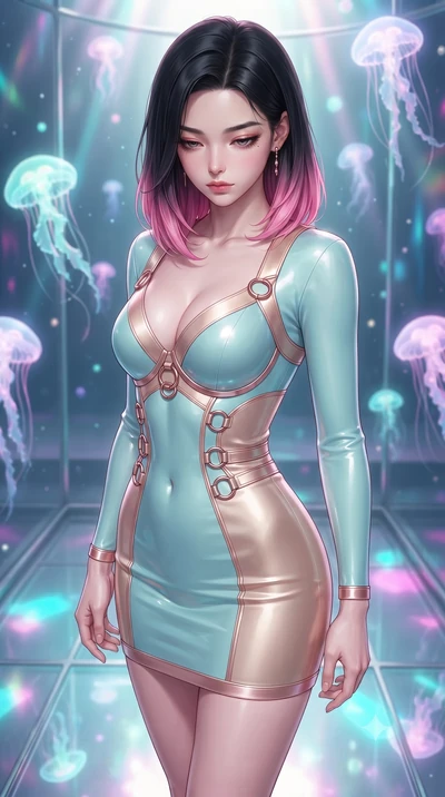 score_9, masterpiece, best quality, ultra-detailed, high-budget anime keyframe, editorial fashion photography, tasteful artistic composition, Korean woman. close-up cowboy shot from the waist and thighs up, the character dominates the composition, fi