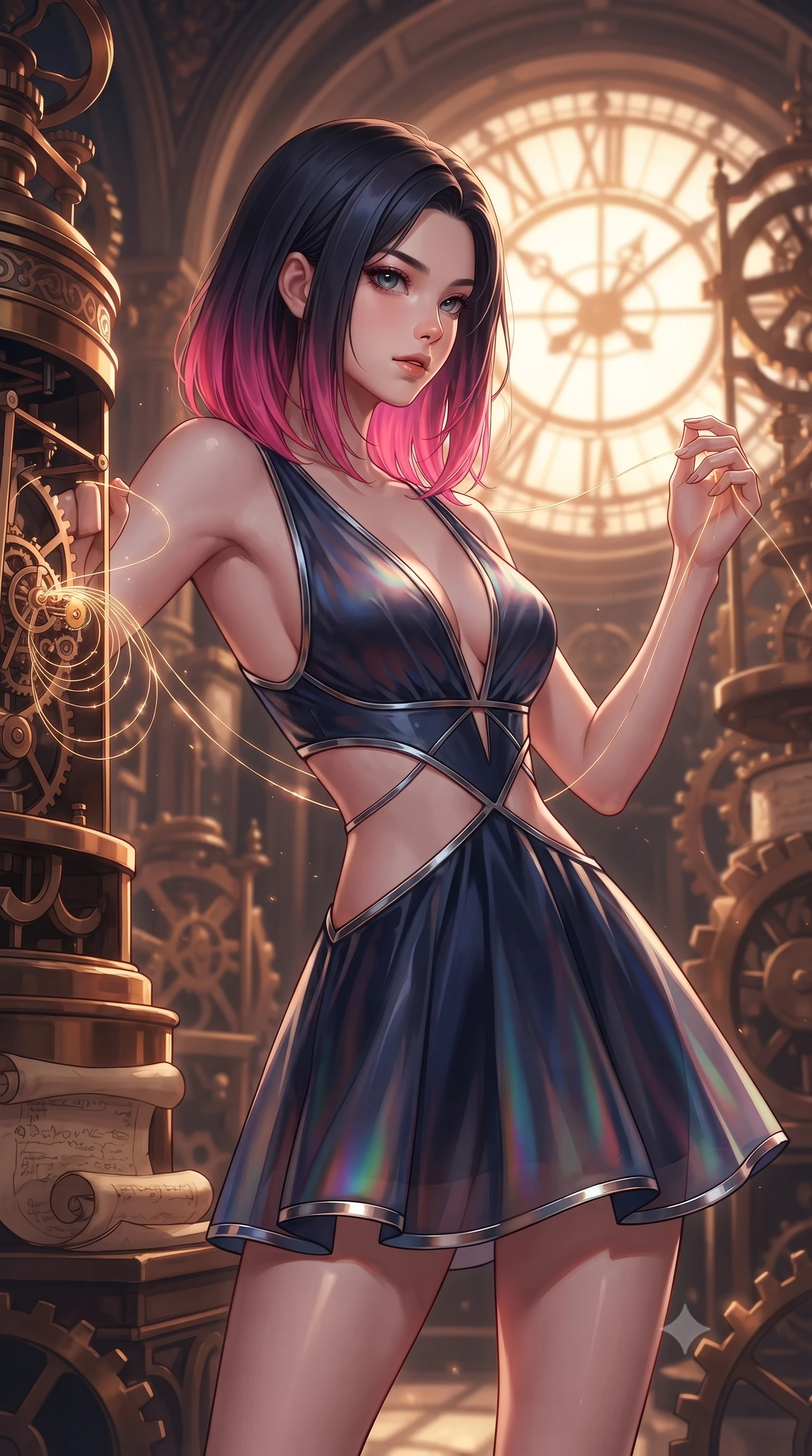 score_9, masterpiece, best quality, ultra-detailed, high-budget anime keyframe, editorial fashion photography, tasteful artistic composition, Korean woman. close-up cowboy shot from the waist and thighs up, the character dominates the composition, filling the frame with her large presence, background elements kept in soft focus. Gazing past the camera with an air of effortless elegance and mysterious confidence threading glowing clockwork spring wires inside a majestic archives hall, dramatic twilight amber light streaming through the giant clock window. She has an exceptionally elegant, slender, and willowy female figure with an ultra-slim waist, a gracefully sculpted slender torso, and a refined silhouette. sharp v-shaped jawline, high-bridge nose, intricate jewel-like eyes with depth, thick eyelashes, glossy lips with a natural sheen. wearing a liquid mercury gloss mini dress with ultra-deep V-neck and waist cutouts in midnight navy blue and chrome trim, crafted from iridescent chiffon that shifts colors in the light, featuring subtle geometric cutouts that highlight her ultra-slim midriff, the sleek second-skin texture accentuating her magnetic presence. surrounded by warm hearth light and dramatic bronze rim highlights. highly saturated vibrant anime colors, detailed shading with soft gradients, rich glossy textures, high-contrast stereoscopic depth, volumetric dynamic lighting, master piece, 9:16 ratio
