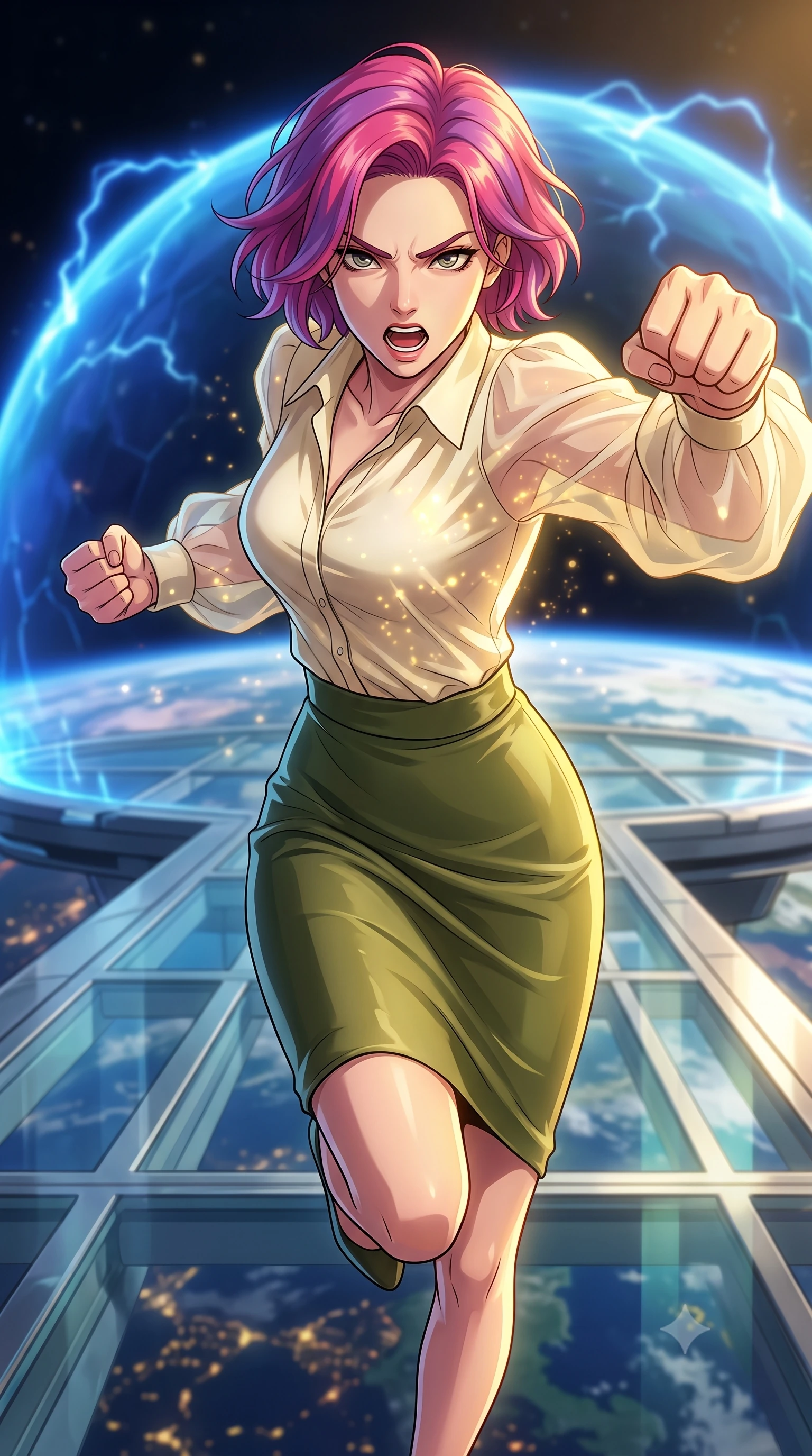 score_9, masterpiece, best quality, ultra-detailed, high-budget anime keyframe, clean line-art, cel-shading, Caucasian woman, strictly human ears. close-up cowboy shot from the waist and thighs up, the character dominates the composition, filling the frame with her large presence, background elements kept in soft focus. Leaping into the camera's view with an aggressive, mid-action strike pose. set against a soft-focus background of a high-altitude platform overlooking earth, where a blue dome shield pulses with defensive energy arcs. She has an exceptionally elegant and slender, willowy female figure with an ultra-slim waist, a gracefully sculpted slender torso, and a refined slim physique. sharp v-shaped jawline, high-bridge nose, intricate jewel-like eyes with depth, thick eyelashes, glossy lips with a natural sheen. wearing catching and diffusing the glowing particles, shimmering softly in response to the surrounding light, a tailored cream silk blouse with sheer chiffon sleeves, tucked into a high-waisted olive green pencil skirt. dramatic chiaroscuro with a single golden key light sculpting her silhouette. highly saturated vibrant anime colors, intense vivid color palette, volumetric dynamic lighting, 2k, ultra detail, master piece, 9:16 ratio