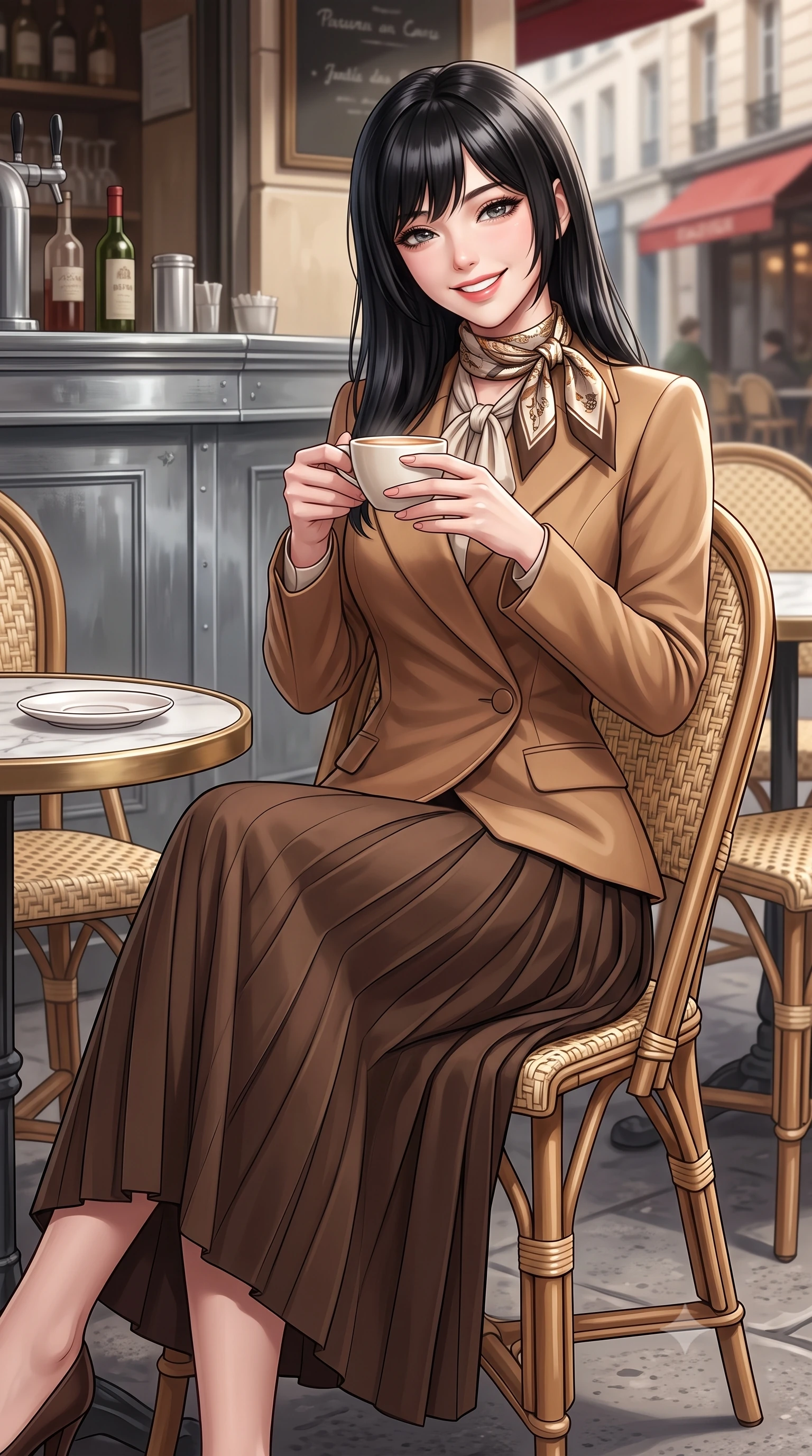 score_9, masterpiece, best quality, ultra-detailed, high-budget anime keyframe, semi-realistic 3D game render, editorial fashion photography, tasteful artistic composition, Caucasian woman. close-up cowboy shot from the waist and thighs up, the character dominates the composition, filling the frame with her large presence. holding a warm porcelain cup in both hands while tilting her head with an enchanting, beaming smile while leaning back slightly against the wicker rattan café chair, ankles crossed, enjoying the crisp autumn air with effortless chic. The surrounding environment is rendered in vivid detail and crisp panoramic clarity: detailed silk pussy-bow blouse drape, tailored A-line wool skirt pleats, and authentic Parisian street furniture in high resolution. She has an exceptionally elegant, slender, and willowy female figure with an ultra-slim waist, flat toned midriff, narrow ribcage, and sculpted feminine hips creating an alluring, slim hourglass silhouette without bulk. sharp v-shaped jawline, high-bridge nose, intricate jewel-like sparkling eyes with depth, thick eyelashes, glossy parted lips with a natural peach sheen, bright cheerful beaming smile with an enchanting and coquettish sensual glint, exuding both youthful cute charm and seductive allure, flawlessly proportioned anatomical accuracy, strict slender model proportions, natural body alignment, perfectly sculpted long slender limbs, ultra-slim waistline, clean dynamic posture without body distortion. wearing an asymmetrical-wrap tailored wool jacket with clean geometric lines paired with a structured pleated maxi skirt in Saint-Germain camel wool and warm espresso, woven from fine Australian merino wool with a smooth fluid drape and subtle sheen, finished with a printed silk twilly scarf knotted gracefully around her neck, the streamlined silhouette following her natural slender proportions with sophisticated poise, enhancing her tall willowy presence. illuminated by zinc counter and marble tabletop bounce with delicate platinum rim lights sculpting her features and slender waist. highly saturated vibrant anime colors, detailed shading with soft gradients, rich glossy textures, high-contrast stereoscopic depth, volumetric dynamic lighting, master piece, 9:16 ratio