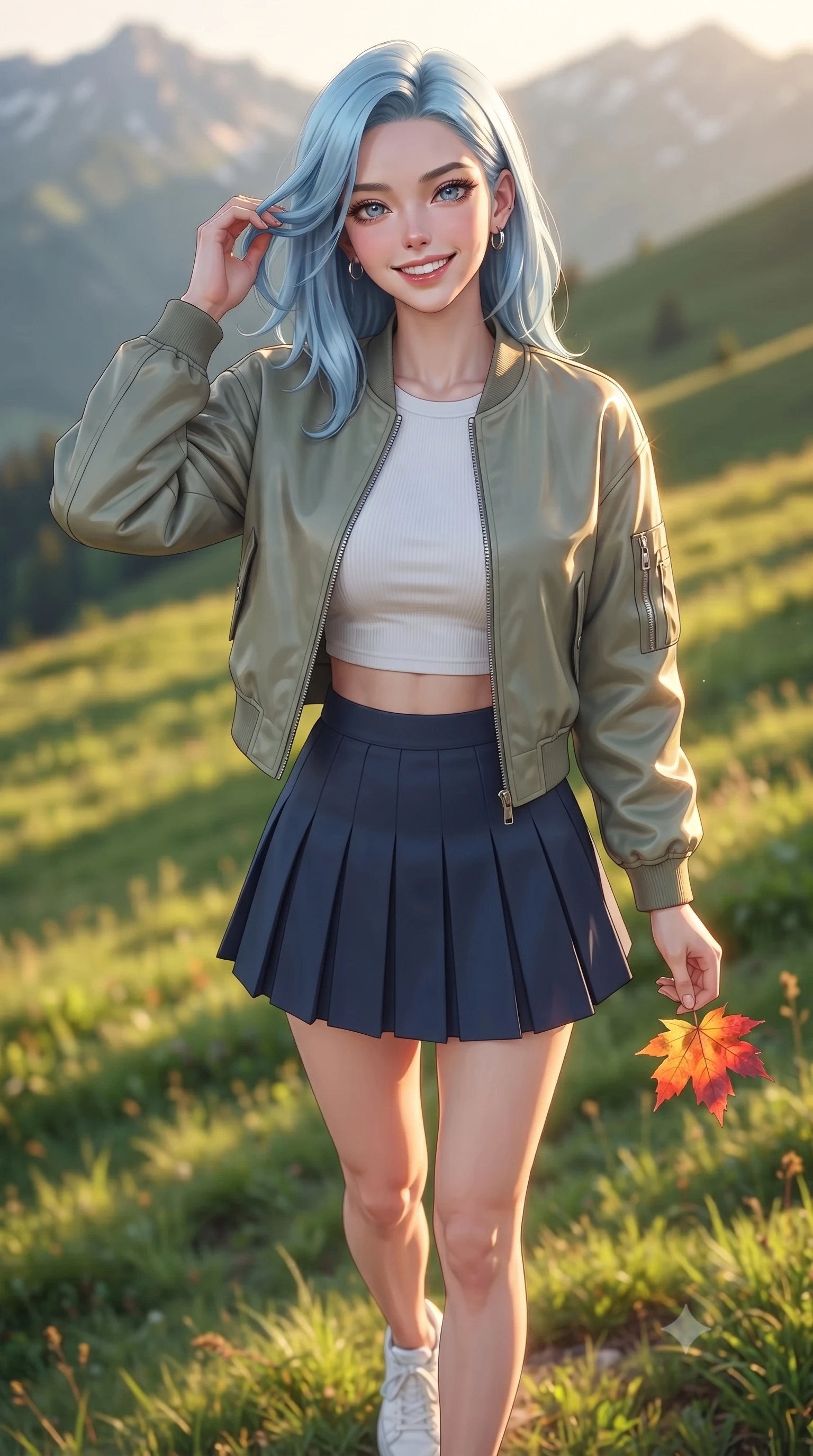 score_9, masterpiece, best quality, ultra-detailed, high-budget anime keyframe, editorial fashion photography, tasteful artistic composition, Korean woman. close-up cowboy shot from the waist and thighs up, the character dominates the composition, filling the frame with her large presence, background elements kept in soft focus. flashing an intoxicating, sunny grin while brushing a strand of hair away from her face set against a soft-focus background of on a green slope of a highland mountain covered in wild mountain grass holding a colorful maple leaf with a delighted, cheerful smile. She has an exceptionally elegant, slender, and willowy female figure with an ultra-slim waist, a gracefully sculpted slender torso, and a refined silhouette. sharp v-shaped jawline, high-bridge nose, intricate jewel-like eyes with depth, thick eyelashes, glossy lips with a natural sheen. wearing tailored modern crop top shirt paired with a mini skirt and an unzipped light bomber jacket. golden hour sunset light casting long shadows of mountain peaks across the slope. ultra-reflective glossy finish, specular highlights, metallic sheen, high-contrast stereoscopic depth, volumetric dynamic lighting, 2k, ultra detail, master piece, 9:16 ratio