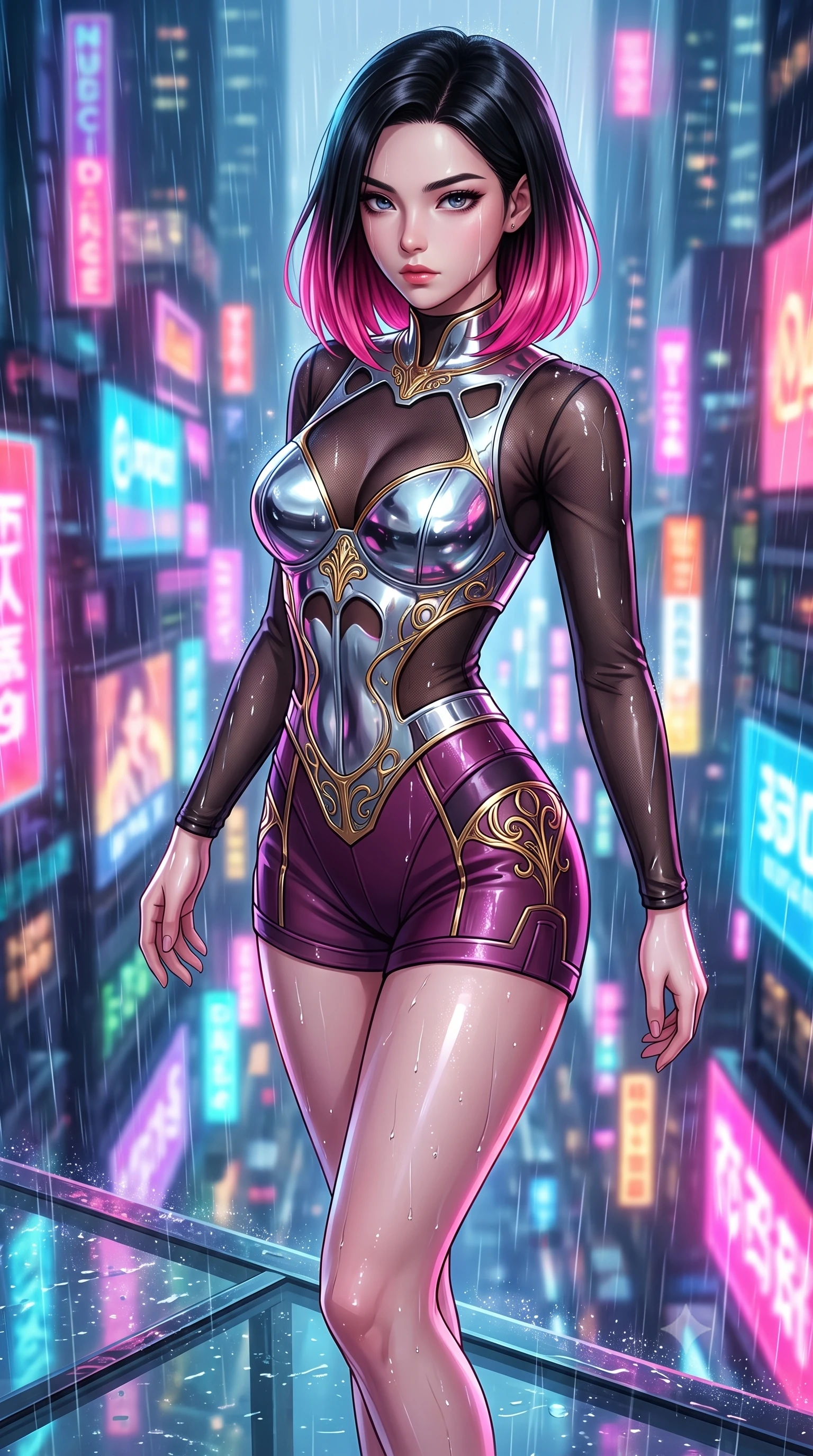 score_9, masterpiece, best quality, ultra-detailed, high-budget anime keyframe, editorial fashion photography, tasteful artistic composition, Korean woman. close-up cowboy shot from the waist and thighs up, the character dominates the composition, filling the frame with her large presence, background elements kept in soft focus. Gazing past the lens with composed intensity as her torso curves dynamically in mid-motion while standing dynamically on the glass ledge of a 100th-floor rooftop during a neon rainstorm, wet glass surfaces casting glossy specular highlights from surrounding billboards. She has an exceptionally elegant, slender, and willowy female figure with an ultra-slim waist, a gracefully sculpted slender torso, and a refined silhouette. sharp v-shaped jawline, high-bridge nose, intricate jewel-like eyes with depth, thick eyelashes, glossy lips with a natural sheen, flawlessly proportioned anatomical accuracy, natural body alignment, perfectly sculpted elegant limbs, clean dynamic posture without body distortion. wearing a chrome-plated structured bodice worn over a sheer mesh top and micro-shorts in plum purple and gold filigree, formed from sleek second-skin neoprene, featuring clean architectural cutouts along her slender torso, the tailored fabric tightly following every curve of her athletic build. surrounded by a vibrant, atmospheric city glow with glistening raindrops. highly saturated vibrant anime colors, detailed shading with soft gradients, rich glossy textures, high-contrast stereoscopic depth, volumetric dynamic lighting, master piece, 9:16 ratio
