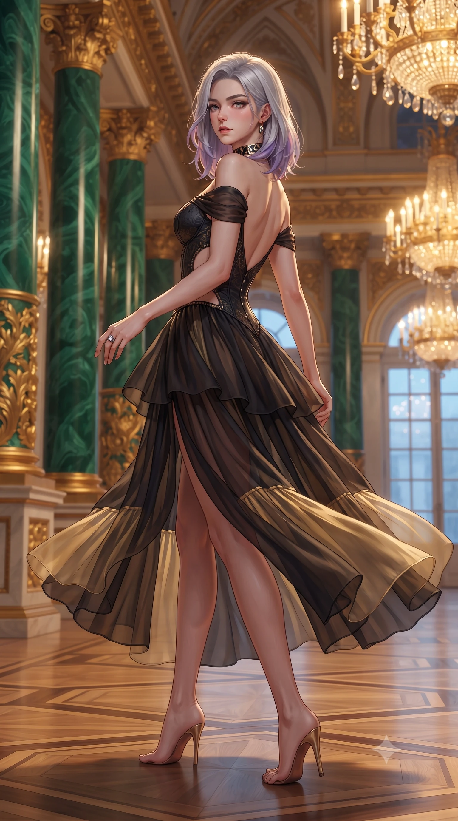 score_9, masterpiece, best quality, ultra-detailed, high-budget anime keyframe, semi-realistic 3D game render, editorial fashion photography, tasteful artistic composition, Caucasian woman. low angle full-body shot from head to toe showing her feet, filling the entire 9:16 vertical frame with her statuesque presence, stretching her vertical silhouette. executing an elegant mid-motion pivot turn as garments swirl around her slender limbs, glancing over her shoulder with an intoxicating bedroom-gaze while striding gracefully between towering emerald malachite columns, arching her back as colossal gilded chandeliers illuminate her sovereign silhouette. The surrounding environment is rendered in vivid detail and crisp panoramic clarity. sharp swirling green malachite banding, gilded acanthus bronze reliefs, and parquet floor inlays in deep focus. She has an exceptionally tall and slender model-like 8.5-heads proportion, an ultra-slim waist, a flat toned midriff, narrow delicate ribcage, and beautifully sculpted feminine hips creating a graceful, slim hourglass silhouette without any bulky heaviness, with impossibly long slender legs. sharp v-shaped jawline, high-bridge nose, intricate jewel-like eyes with depth, thick eyelashes, glossy parted lips with a natural sheen, intensely captivating and seductive bedroom-eyes expression, flawlessly proportioned anatomical accuracy, strict slender model proportions, natural body alignment, perfectly sculpted long slender limbs, ultra-slim waistline, clean dynamic posture without body distortion. wearing an off-shoulder French court corset bodice dress paired with a tiered translucent chiffon slit skirt in midnight obsidian black and liquid gold, tailored from ultra-smooth duchess satin with a pearlescent sheen, complemented by a bold geometric choker and sparkling cocktail ring, the precision-cut side openings and low-back scoop framing her graceful spine and the sensual sweep of her slim, toned hips. bathed in warm opulent golden crystal chandelier downlights contrasting with cool winter blue window fill. highly saturated vibrant anime colors, detailed shading with soft gradients, rich glossy textures, high-contrast stereoscopic depth, volumetric dynamic lighting, master piece, 9:16 ratio