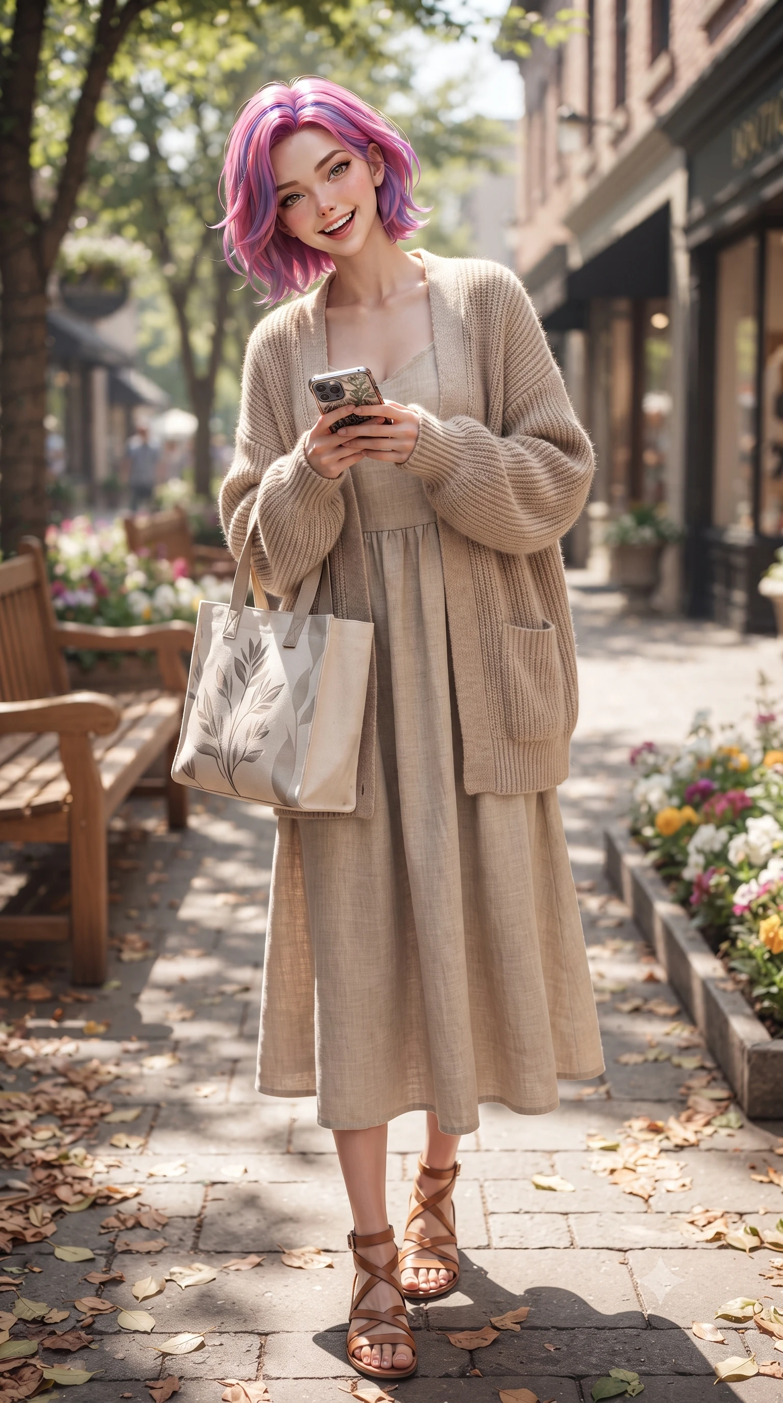 score_9, masterpiece, best quality, ultra-detailed, high-budget anime keyframe, editorial fashion photography, tasteful artistic composition, Caucasian woman. low angle full-body shot from head to toe showing her feet, filling the entire 9:16 vertical frame with her statuesque presence, stretching her vertical silhouette. standing with a cute, bright pose, tilting her head with a beaming smile set against a soft-focus background of on a leafy shopping avenue with wooden benches and flower beds carrying a chic canvas tote bag and a smart phone in her hand. She has an absolutely perfect, statuesque 8.5-heads proportion, an exceptionally tall and slender model-like female figure with impossibly long slender legs and an ultra-slim waist. sharp v-shaped jawline, high-bridge nose, intricate jewel-like eyes with depth, thick eyelashes, glossy lips with a natural sheen. wearing body-hugging cozy knit cardigan in beige, layered over a casual linen dress. dappled sunlight filtering through the street trees, casting soft shadows. ultra-reflective glossy finish, specular highlights, metallic sheen, high-contrast stereoscopic depth, volumetric dynamic lighting, 2k, ultra detail, master piece, 9:16 ratio