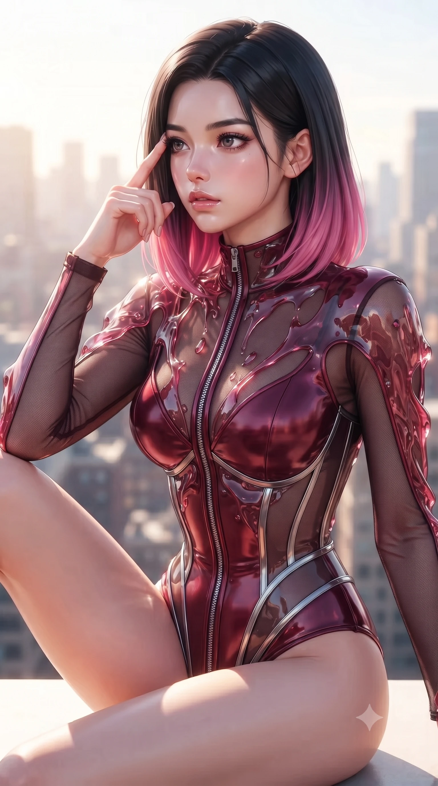 score_9, masterpiece, best quality, ultra-detailed, high-budget anime keyframe, editorial fashion photography, tasteful artistic composition, Korean woman. close-up cowboy shot from the waist and thighs up, the character dominates the composition, filling the frame with her large presence, background elements kept in soft focus. Pressing two fingers to her temple in a composed, sharp thoughtful gesture, looking out over a sun-drenched city skyline with relaxed elegance, dewy natural skin finish with glossy lips and thick dark lashes. She has an exceptionally elegant, slender, and willowy female figure with an ultra-slim waist, a gracefully sculpted slender torso, and a refined silhouette. sharp v-shaped jawline, high-bridge nose, intricate jewel-like eyes with depth, thick eyelashes, glossy lips with a natural sheen. wearing translucent liquid acrylic splash bodysuit with semi-opaque dark mesh in deep crimson burgundy, made of soft crimson satin, finished with metallic silver boning and sleek zipper points, the fitted fabric emphasizing her ultra-slim waist. lit by intense midday key rays highlighting her statuesque form. highly saturated vibrant anime colors, detailed shading with soft gradients, rich glossy textures, high-contrast stereoscopic depth, volumetric dynamic lighting, master piece, 9:16 ratio