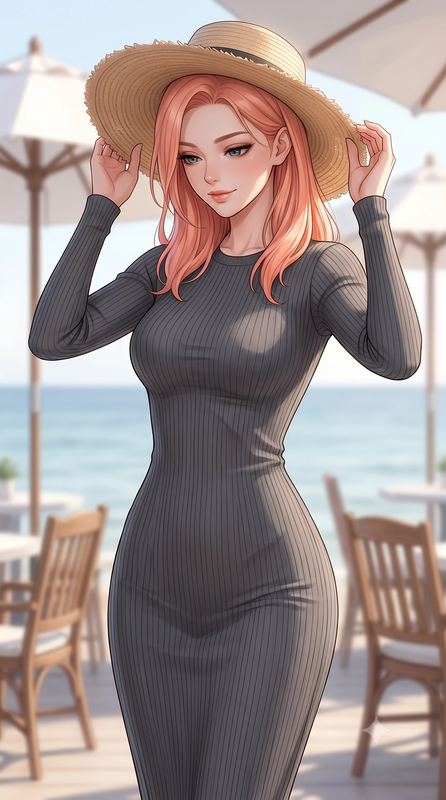 score_9, masterpiece, best quality, ultra-detailed, high-budget anime keyframe, editorial fashion photography, tasteful artistic composition, Japanese woman woman. close-up cowboy shot from the waist and thighs up, the character dominates the composition, filling the frame with her large presence, background elements kept in soft focus. holding a wide-brimmed straw hat with both hands against the breeze, looking down with a soft smile the background shows a soft-focus a seaside café terrace with white parasols and wooden chairs, looking out at a calm sea. She has an exceptionally elegant, slender, and willowy female figure with an ultra-slim waist, a gracefully sculpted slender torso, and a refined silhouette. sharp v-shaped jawline, high-bridge nose, intricate jewel-like eyes with depth, thick eyelashes, glossy lips with a natural sheen. wearing a slim-fit form-contouring ribbed bodycon midi dress in charcoal grey with long sleeves. soft diffused morning sunlight, casting gentle shadows. 2k, ultra detail, master piece, 9:16 ratio